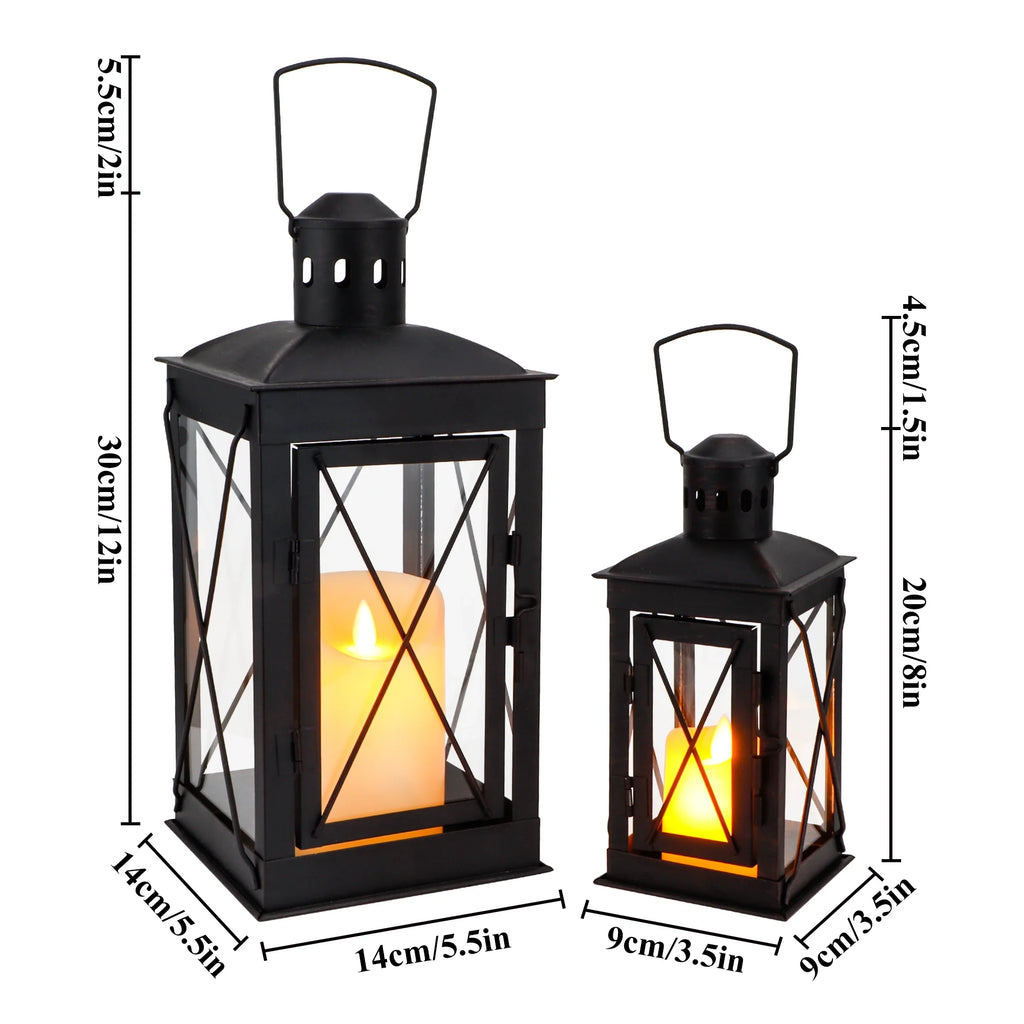 Black Metal & Glass Candle Lanterns — Set of 2