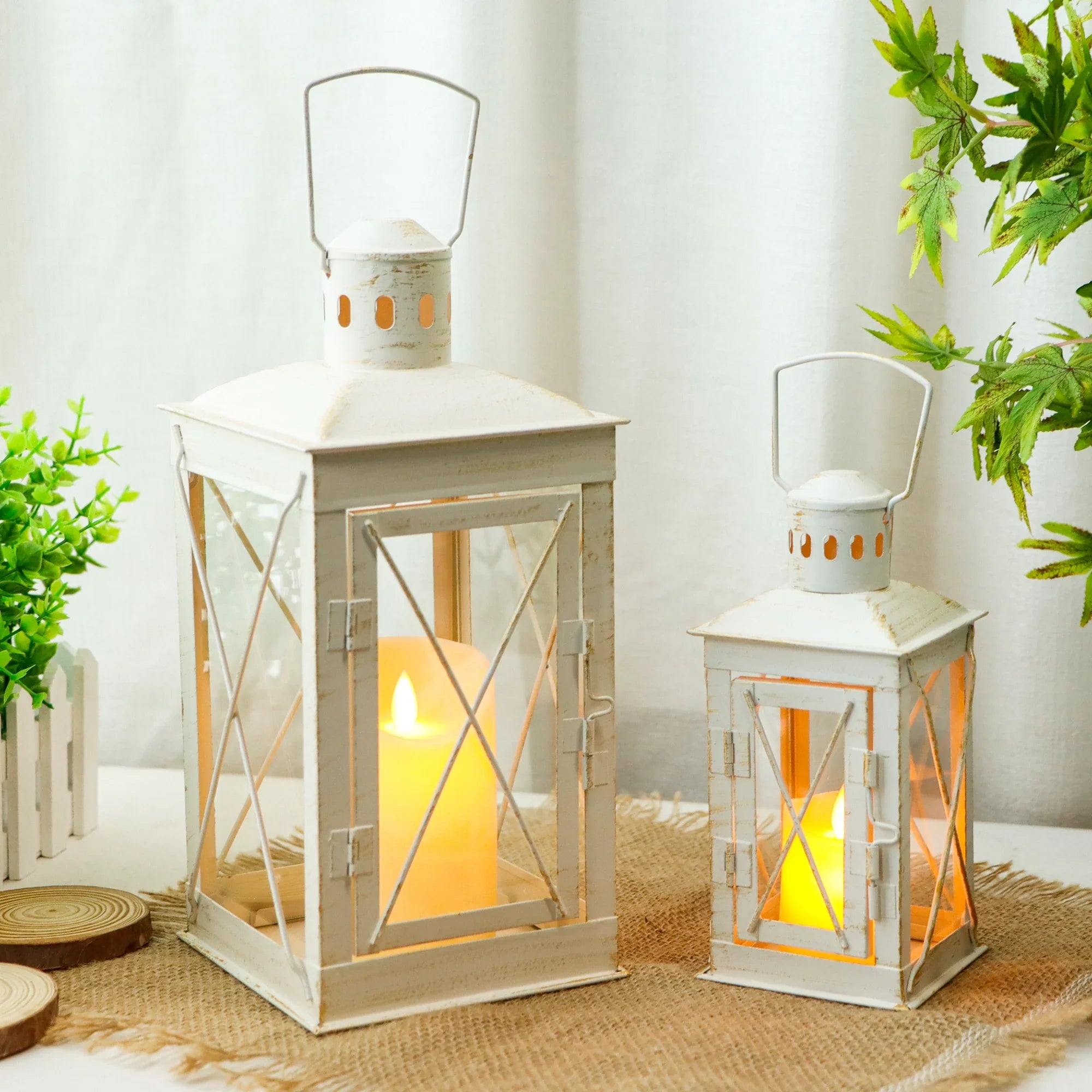 Black Metal & Glass Candle Lanterns — Set of 2