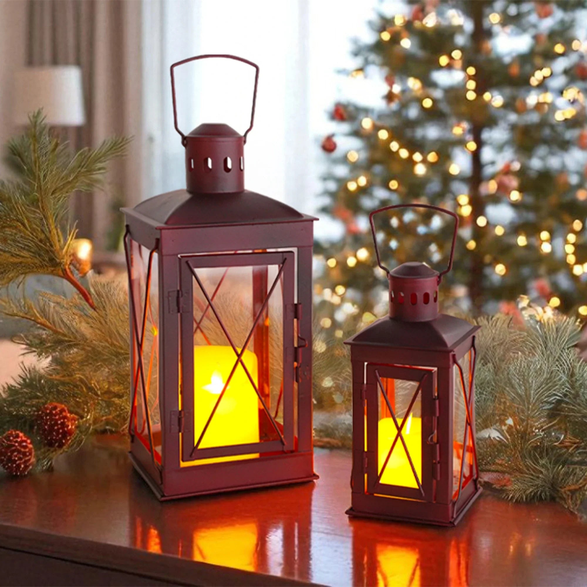 Black Metal & Glass Candle Lanterns — Set of 2