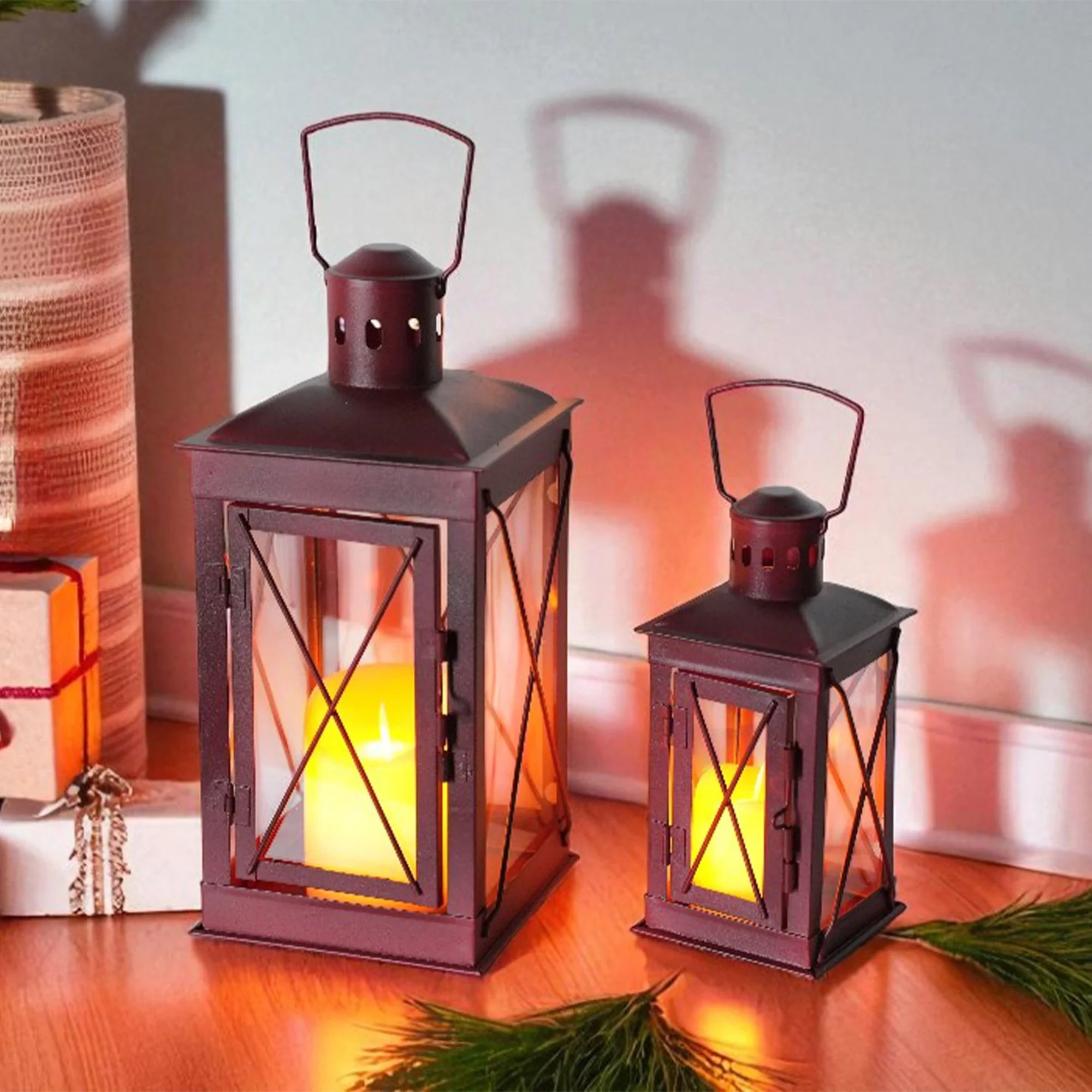 Black Metal & Glass Candle Lanterns — Set of 2