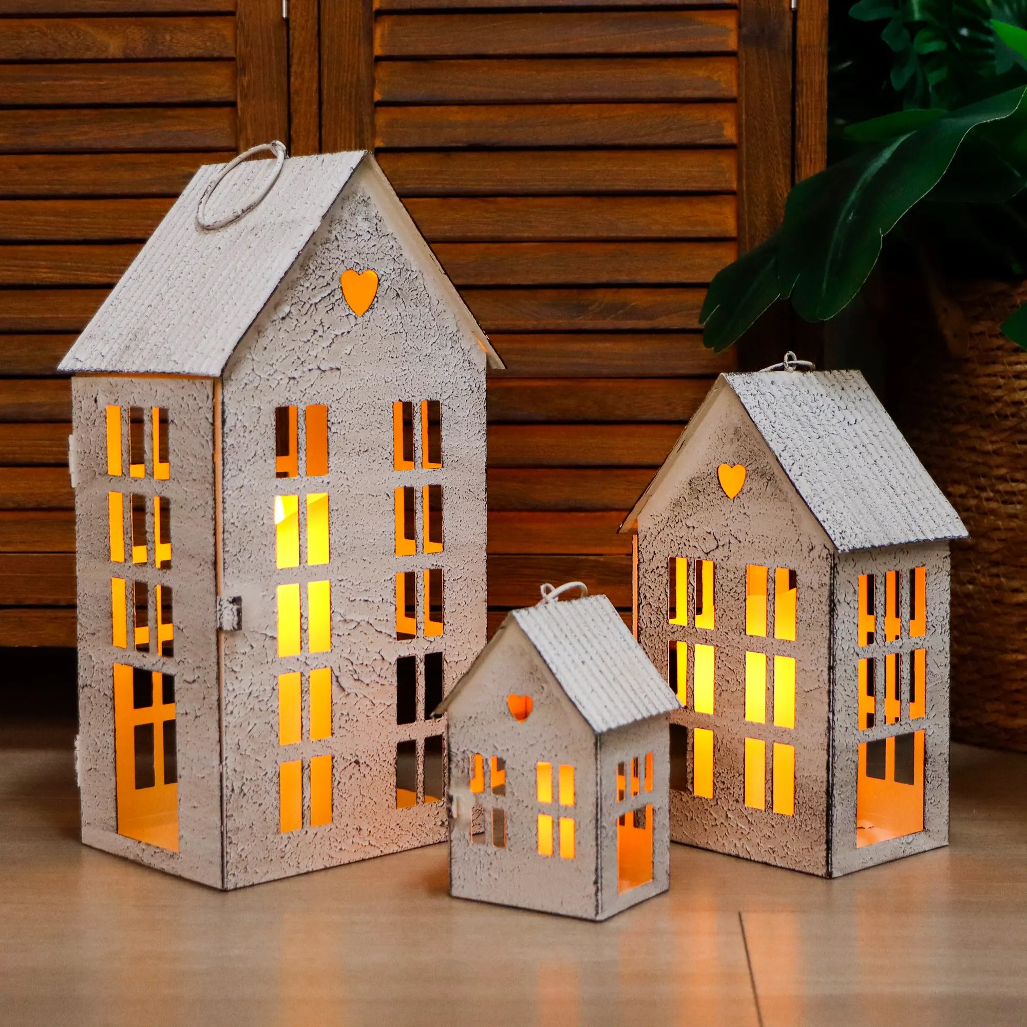 13.5"&9.5"&5.5"H Village Farmhouse House Candle Holders for Home Decor Patio Wedding