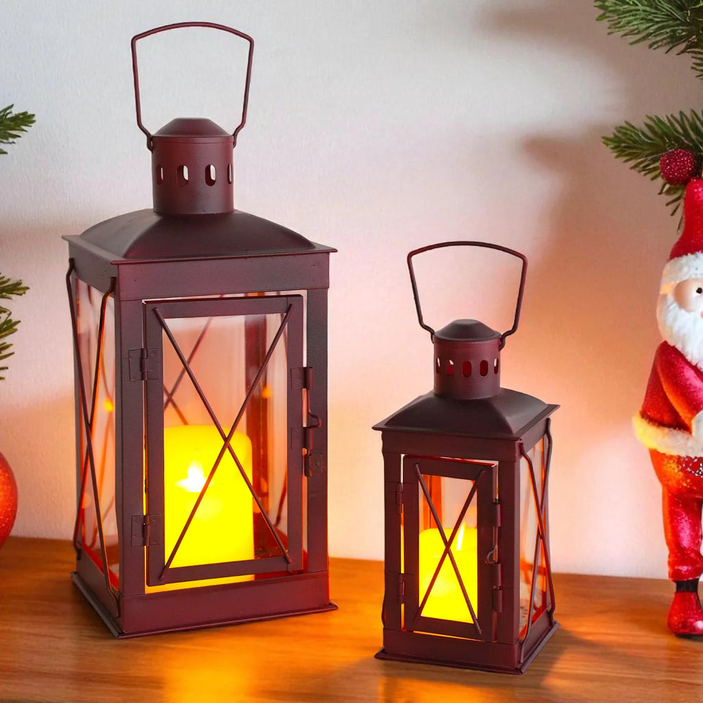 Black Metal & Glass Candle Lanterns — Set of 2