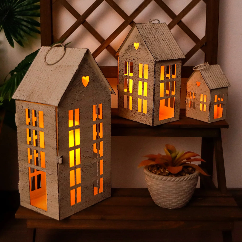 13.5"&9.5"&5.5"H Village Farmhouse House Candle Holders for Home Decor Patio Wedding