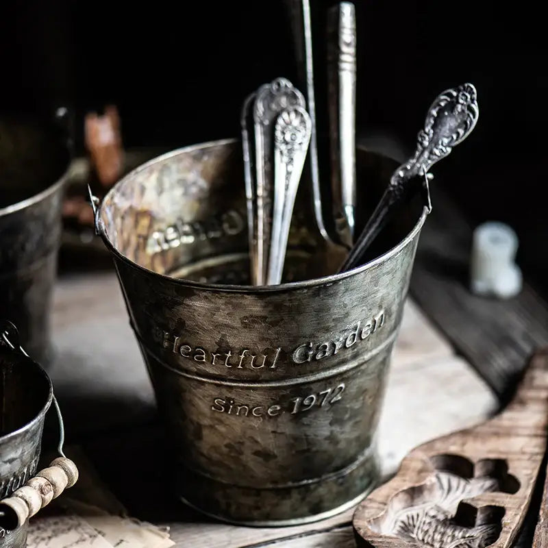 Vintage Wrought Iron Bucket with Handle – Decorative Accent