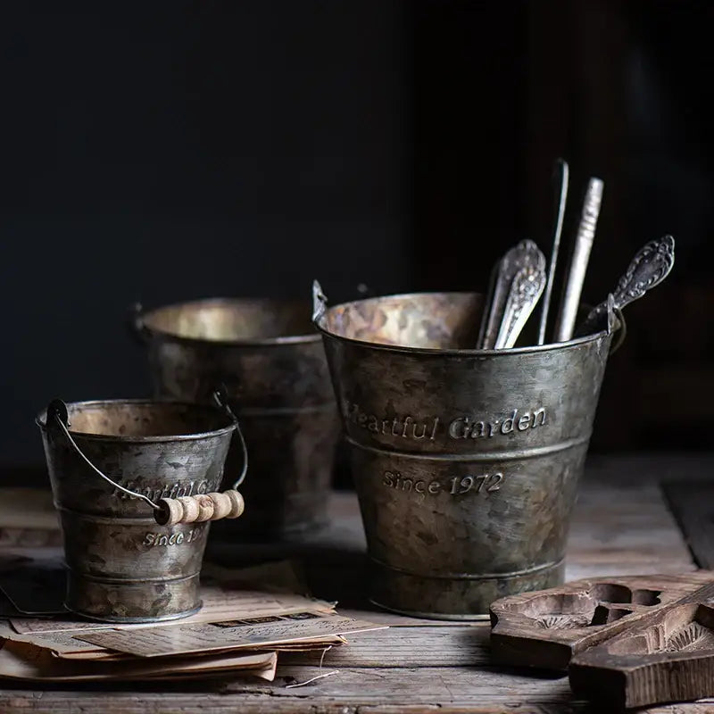 Vintage Wrought Iron Bucket with Handle – Decorative Accent