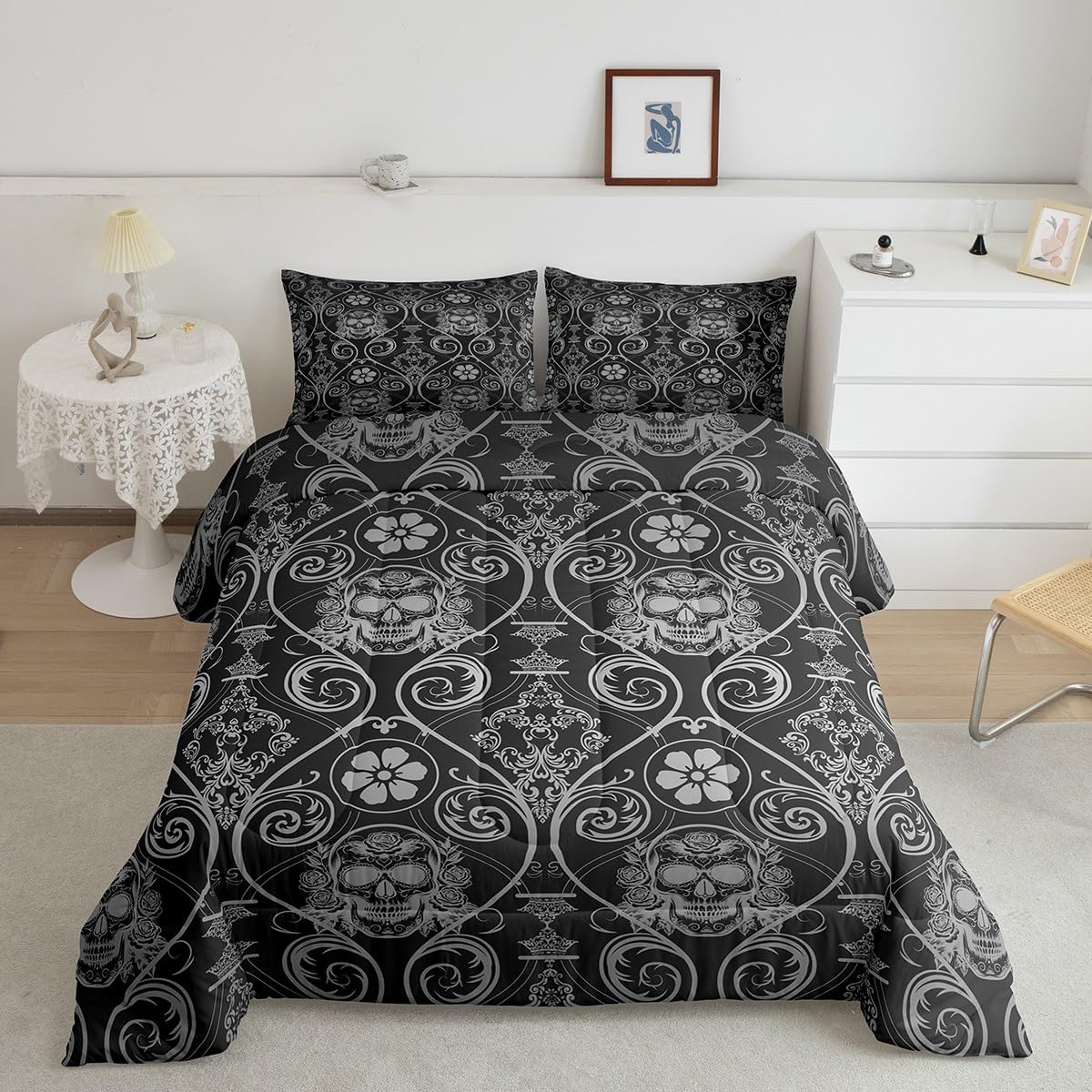 3 Piece Comforter Set in Grey Vintage Damask - Vintage Gothic