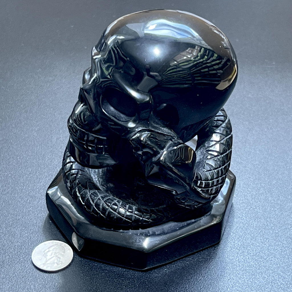 Skull & Snake Obsidian Carving — Large Hand-Carved Collectible