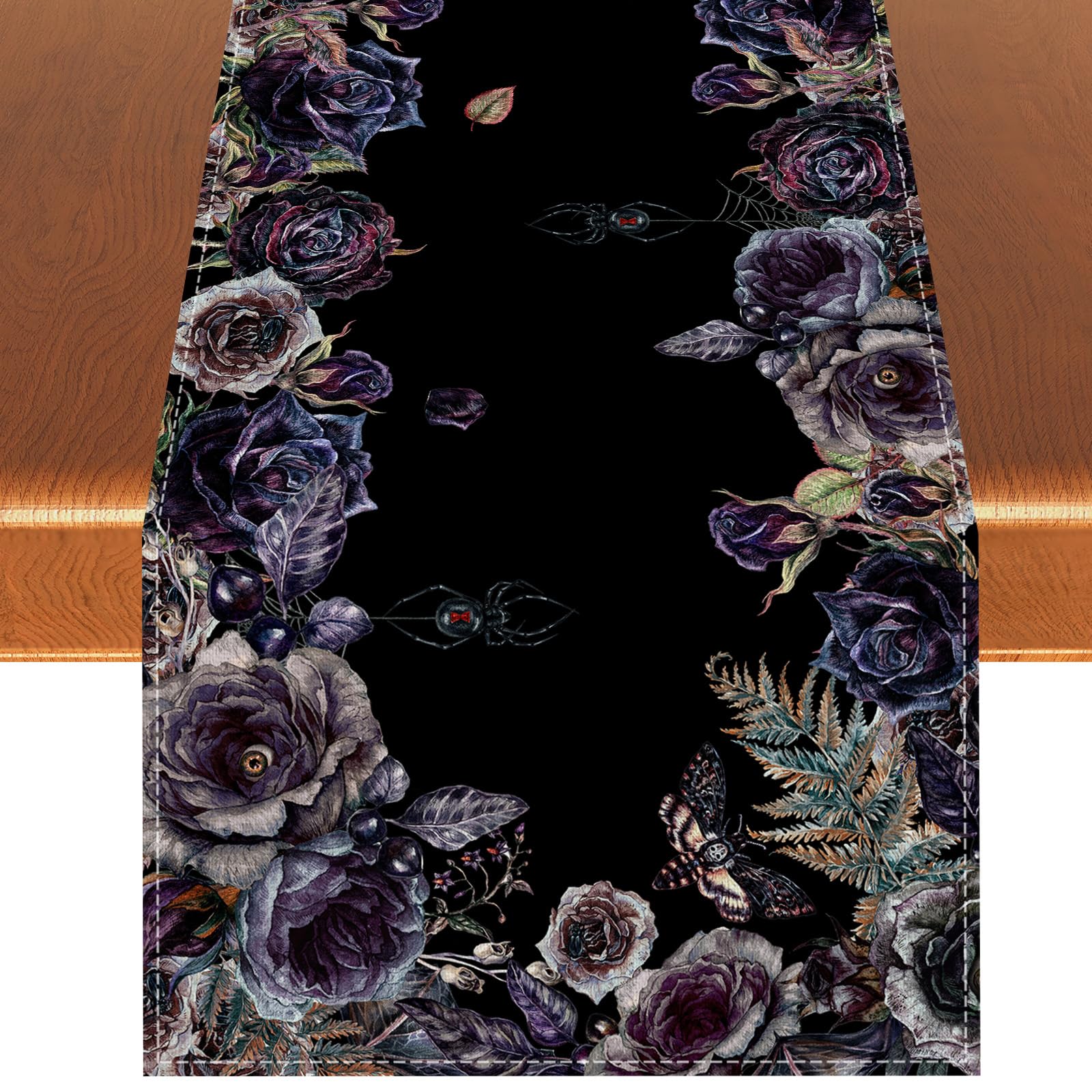 Linen Gothic Halloween Table Runner Gothic Skull Roses