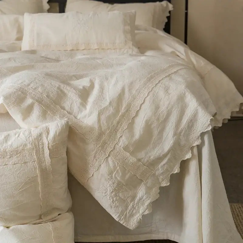 French vintage cream cotton linen bedding set bedroom ruffled embroidery