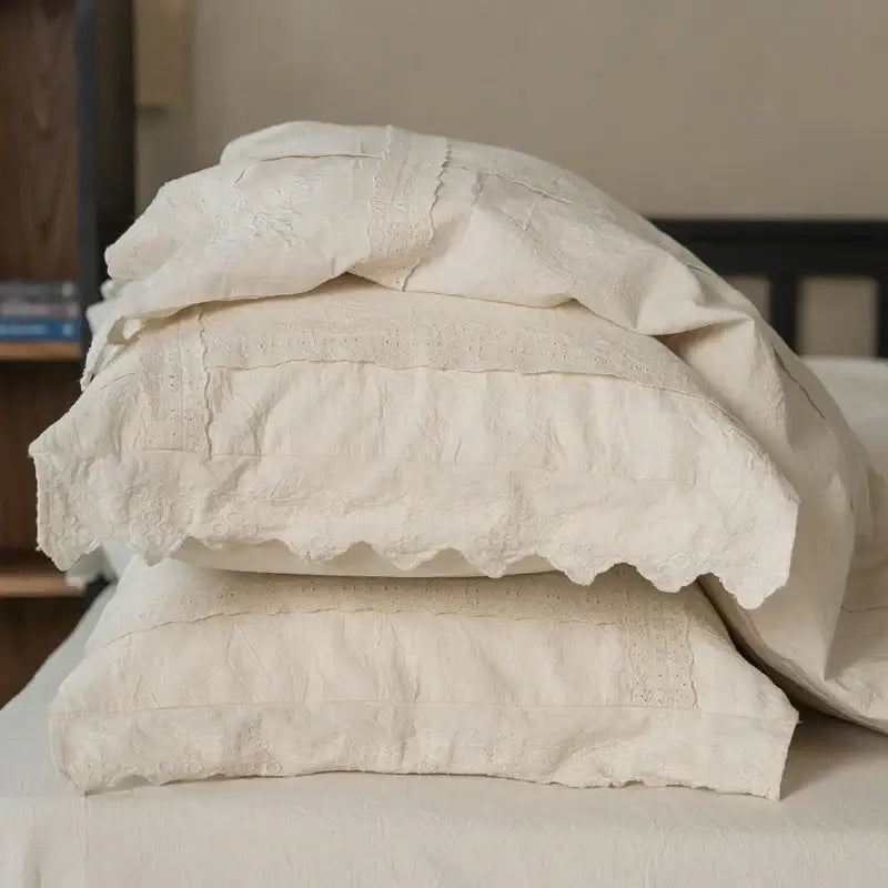 French vintage cream cotton linen bedding set bedroom ruffled embroidery