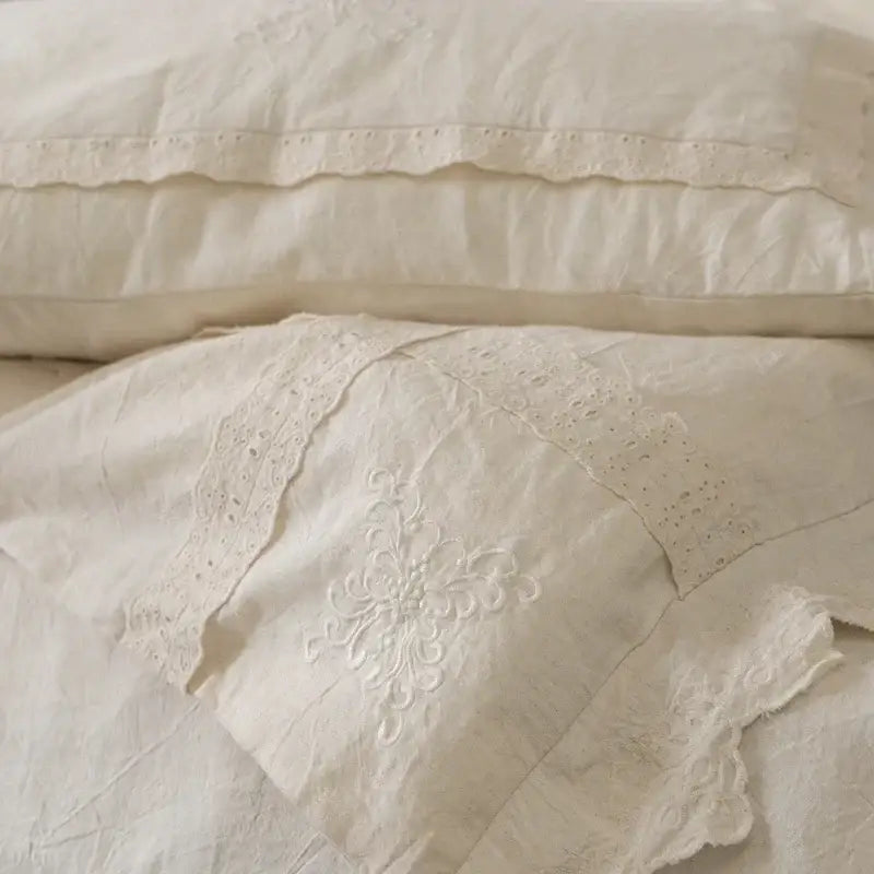 French vintage cream cotton linen bedding set bedroom ruffled embroidery