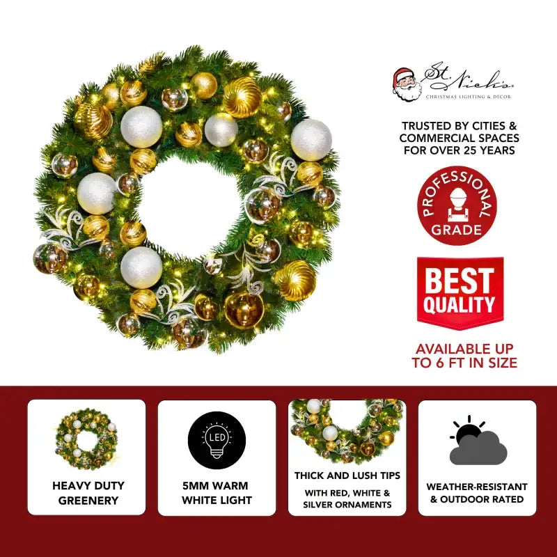 Yuletide Wreath with Warm White Lights -Silver and Gold