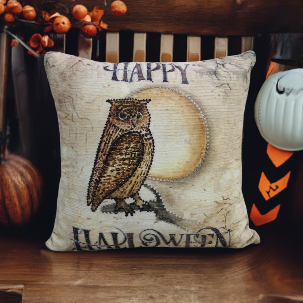 Halloween Owl Embroidered Throw Pillow — 20" x 20"