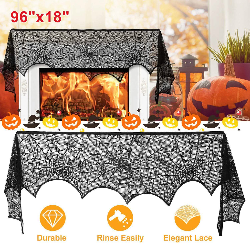 Black Lace Spiderweb Fireplace Mantle Scarf