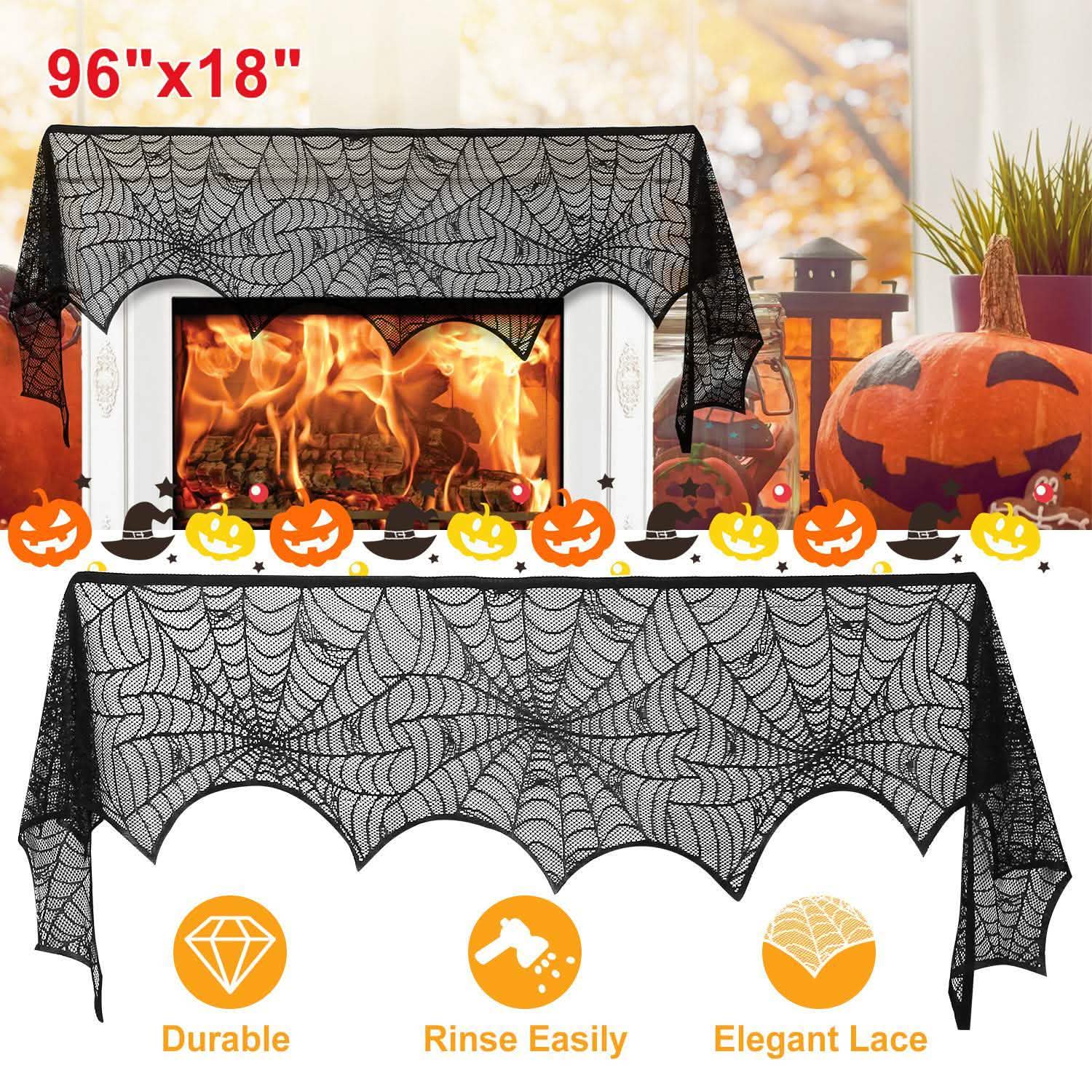 Black Lace Spiderweb Fireplace Mantle Scarf