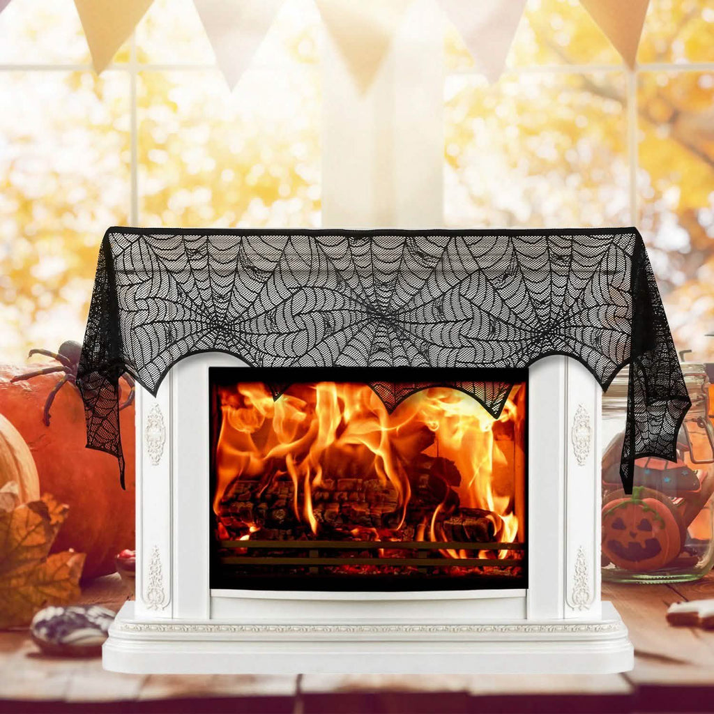 Black Lace Spiderweb Fireplace Mantle Scarf