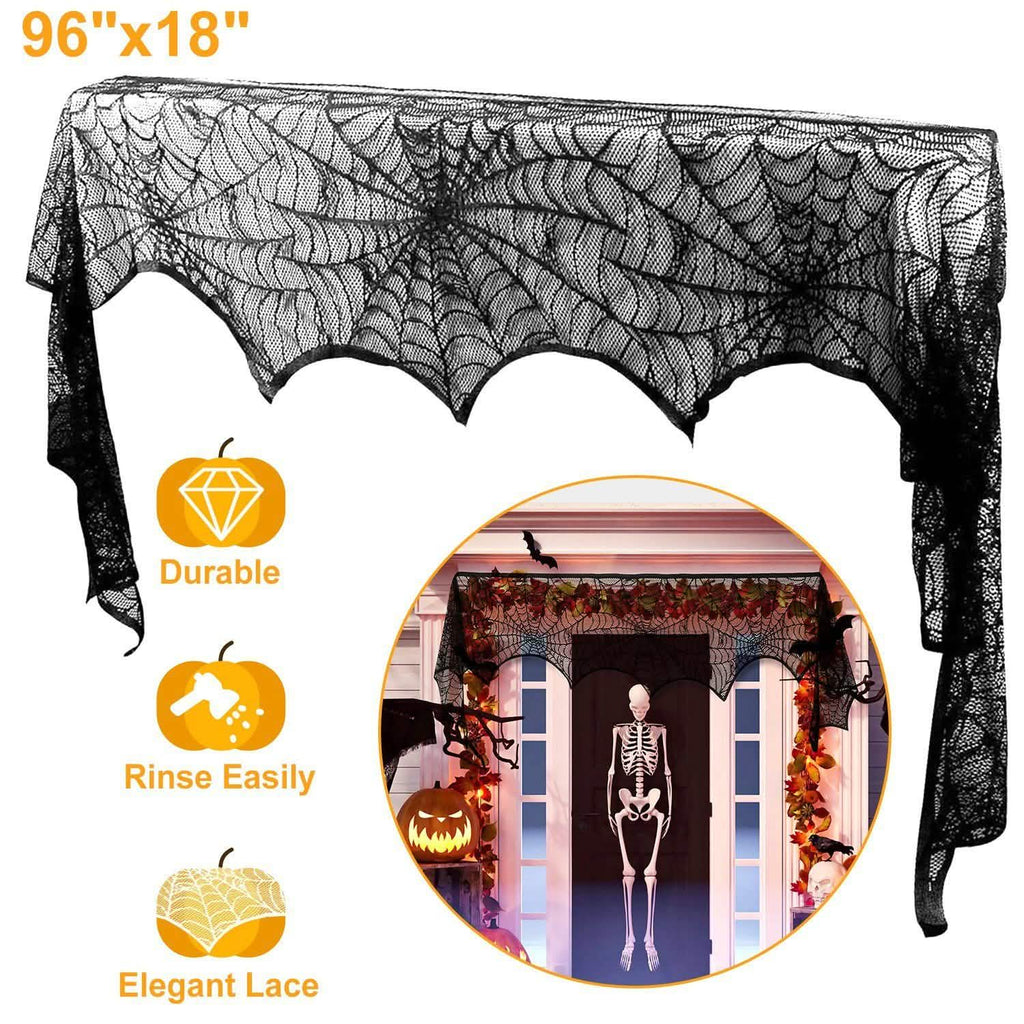 Black Lace Spiderweb Fireplace Mantle Scarf