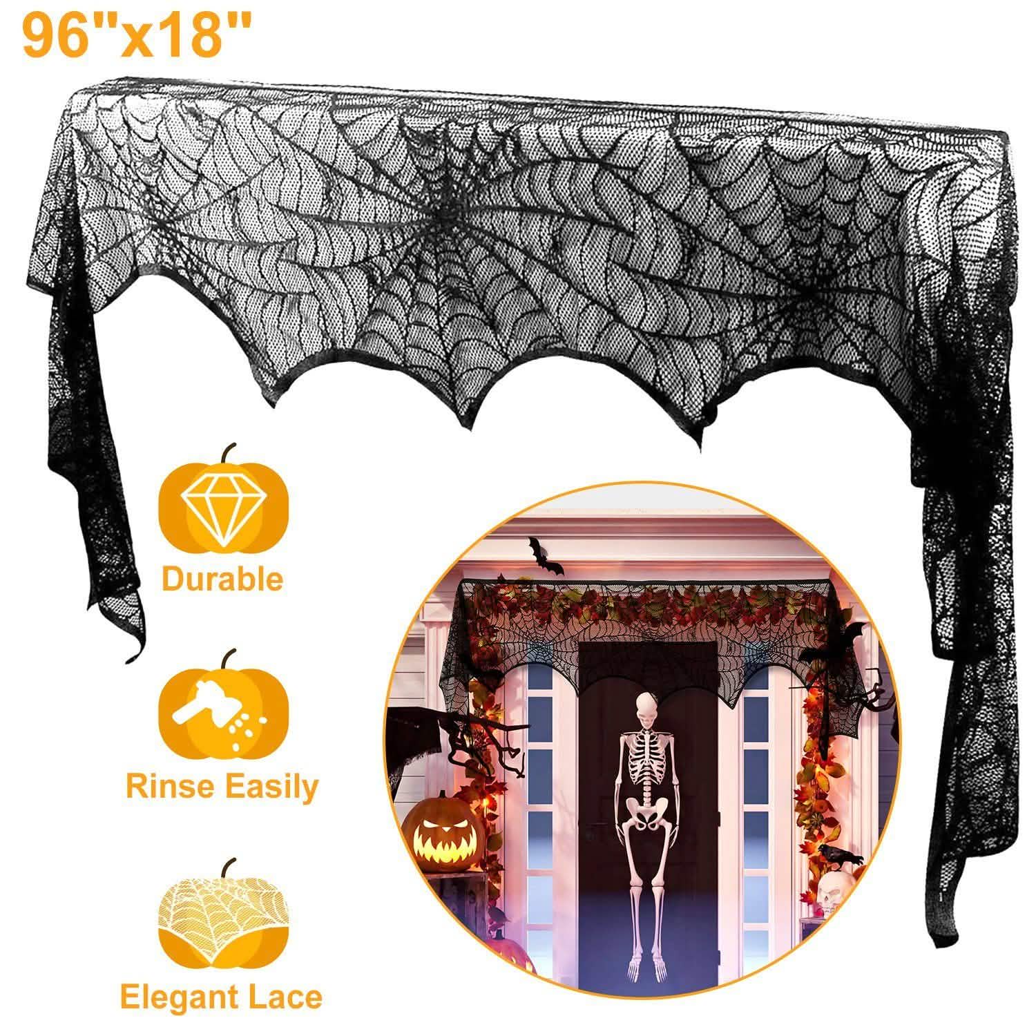 Black Lace Spiderweb Fireplace Mantle Scarf