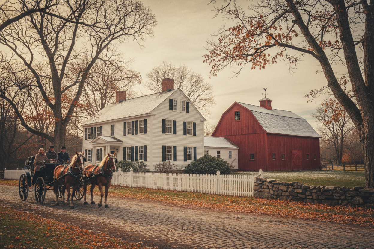 Horse and carriage in front of white house with red barn