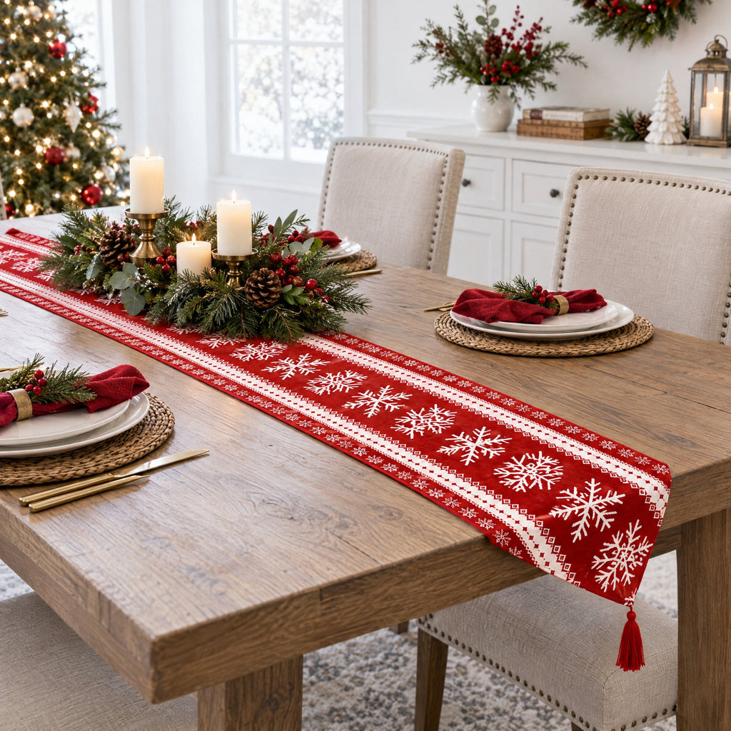 Snowflakes on Red Pattern Christmas Tablecloth Holiday Runner 76.5 Inches