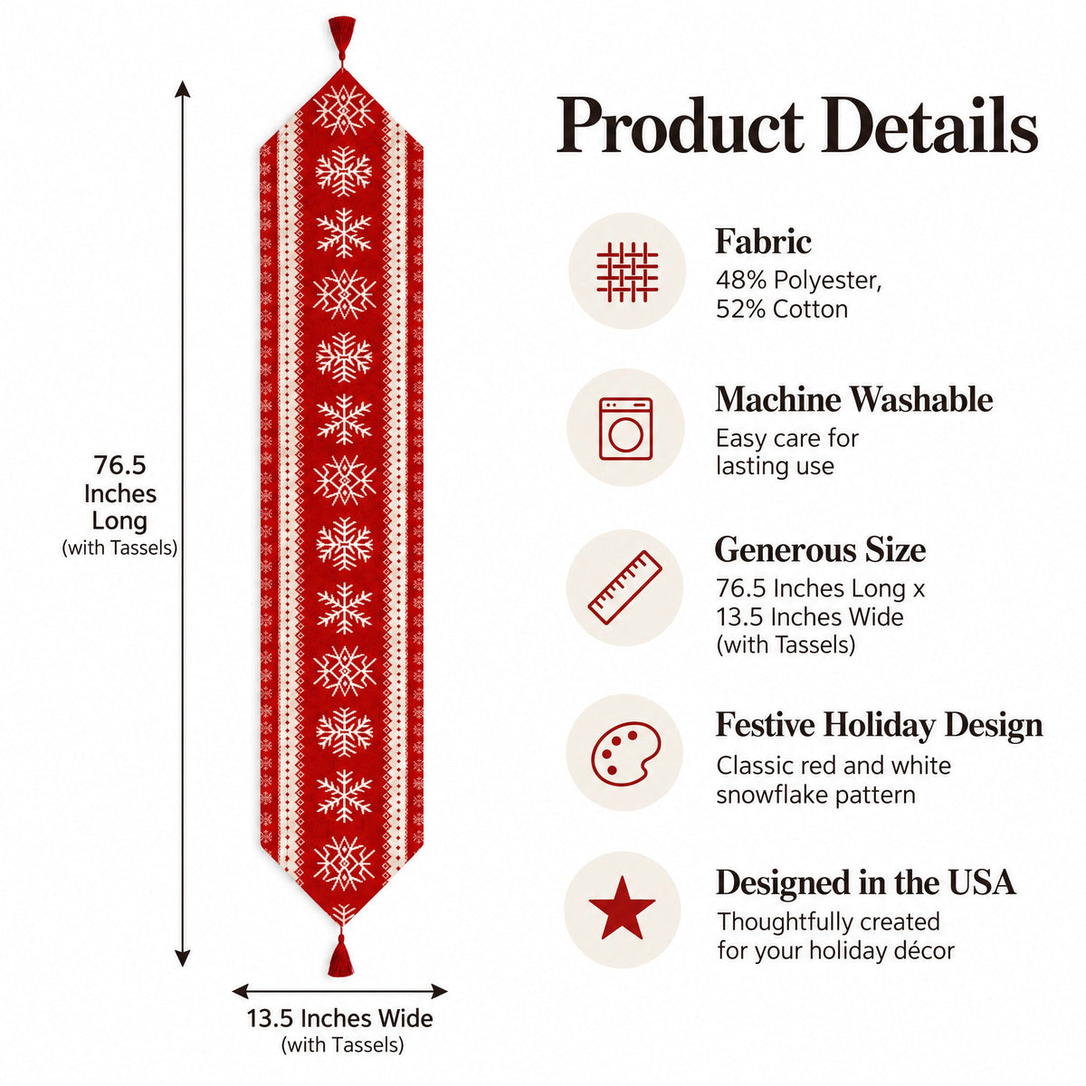 Snowflakes on Red Pattern Christmas Tablecloth Holiday Runner 76.5 Inches