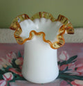 Fenton Milk Glass Vase or Jar with Clear Amber Crest Ruffled Edge