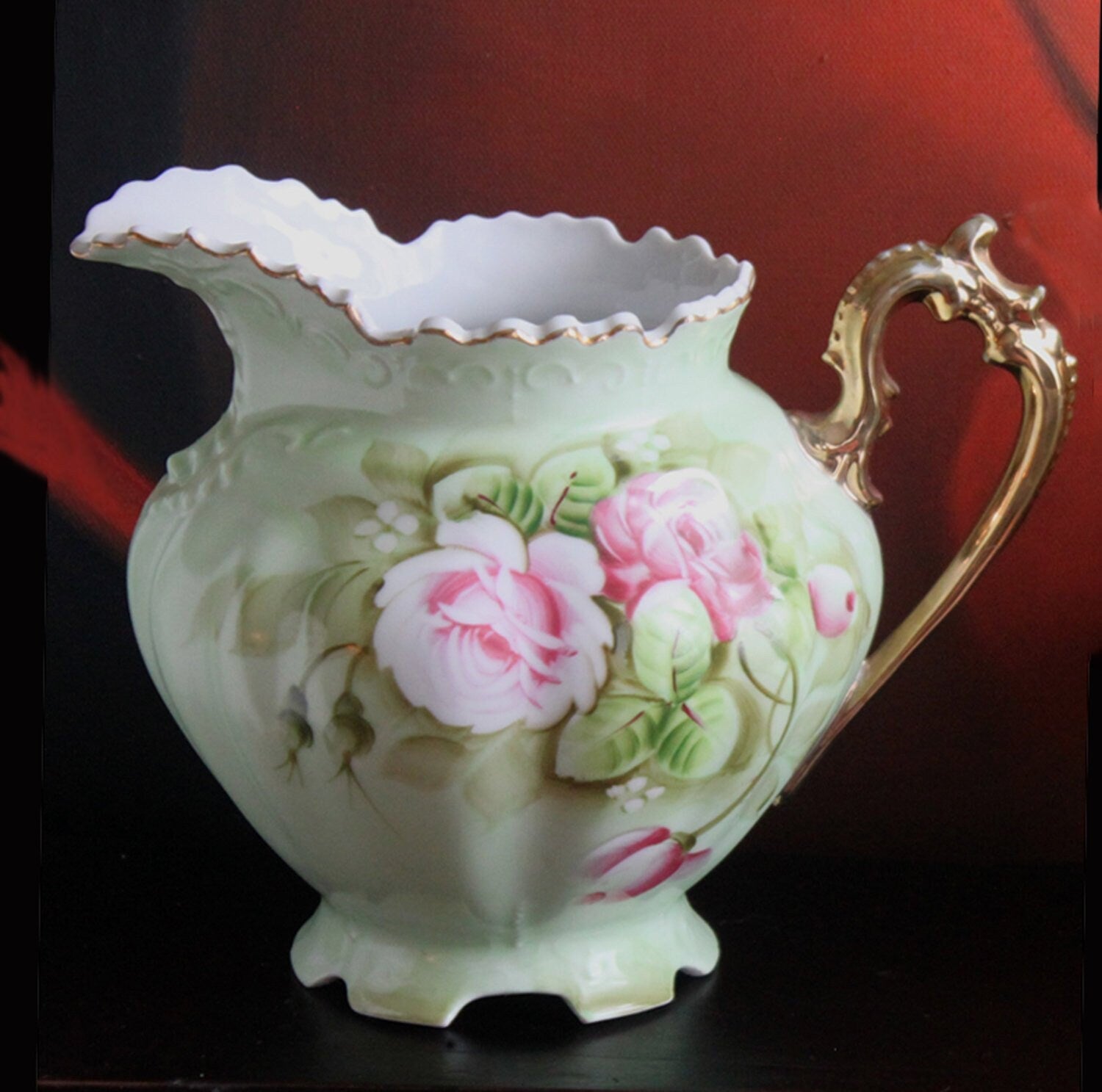 Lefton Porcelain Pitcher Vase – Hand-Painted Wild Rose with Gold Trim