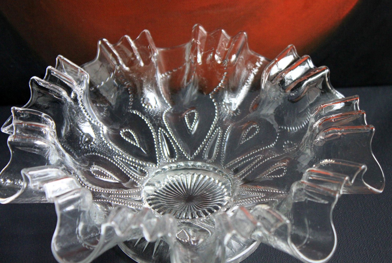 Vintage Depression Glass Bowl, Cabinet Display, Ruffled Edge