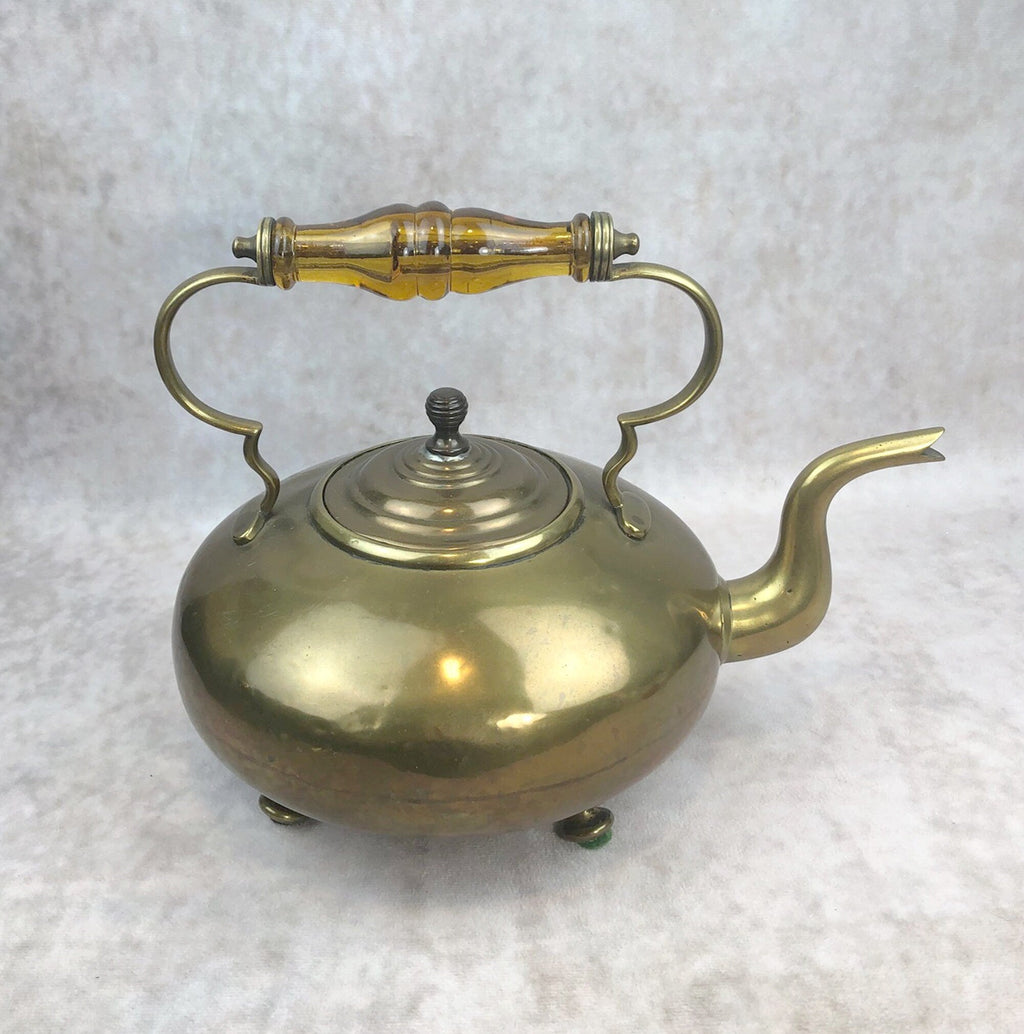 Antique Brass Kettle with Yellow Glass Handle, Footed Teapot, Home Decor