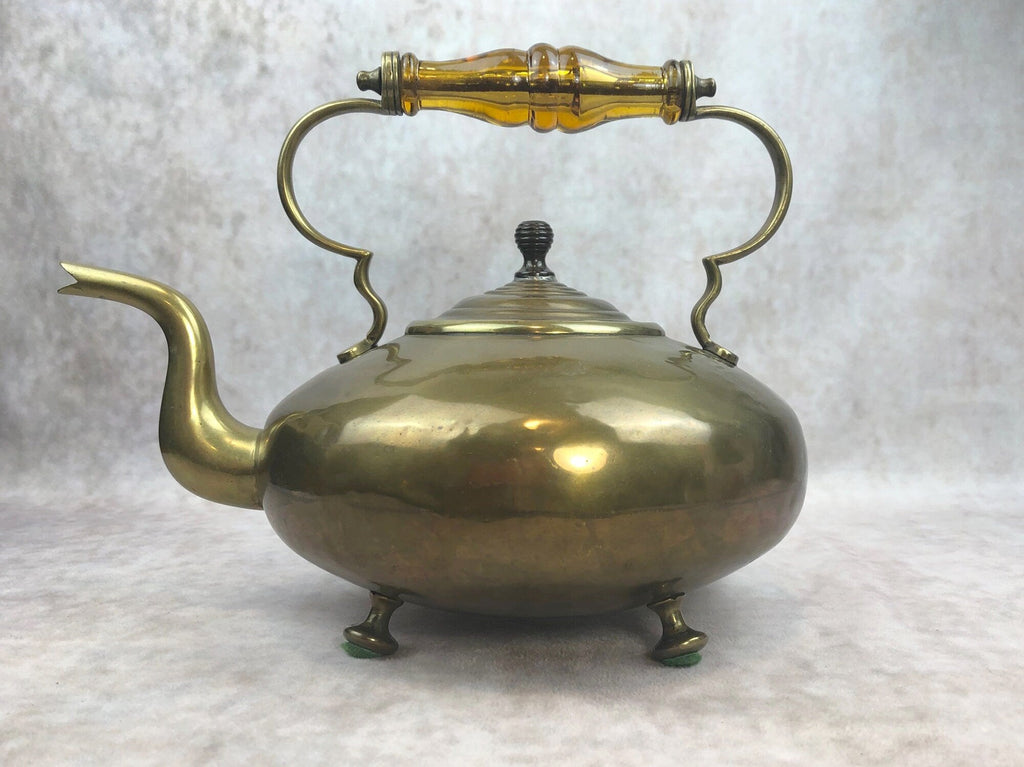 Antique Brass Kettle with Yellow Glass Handle, Footed Teapot, Home Decor