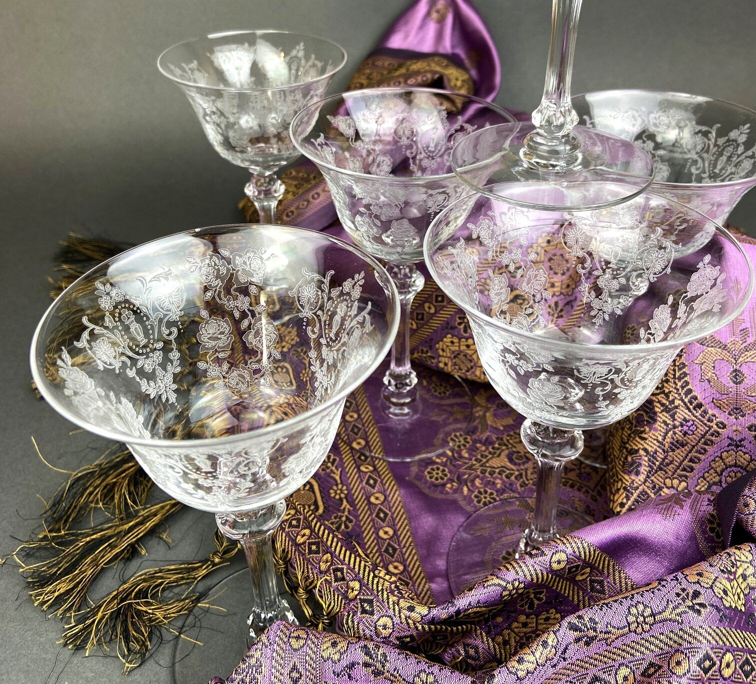 Antique Tiffin Franciscan Champagne Glasses in Cherokee Rose Pattern - Set of 6
