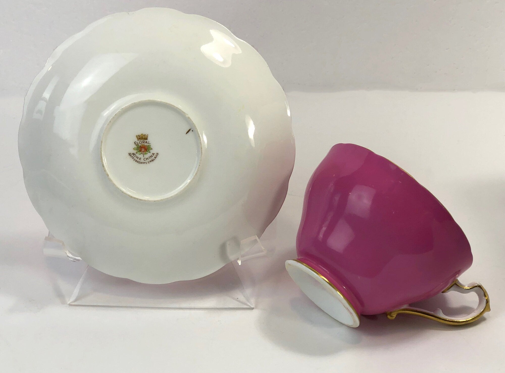 Vintage Cup and Saucer by Staffordshire, England. Hand Painted Tea Set Signed by Artist.
