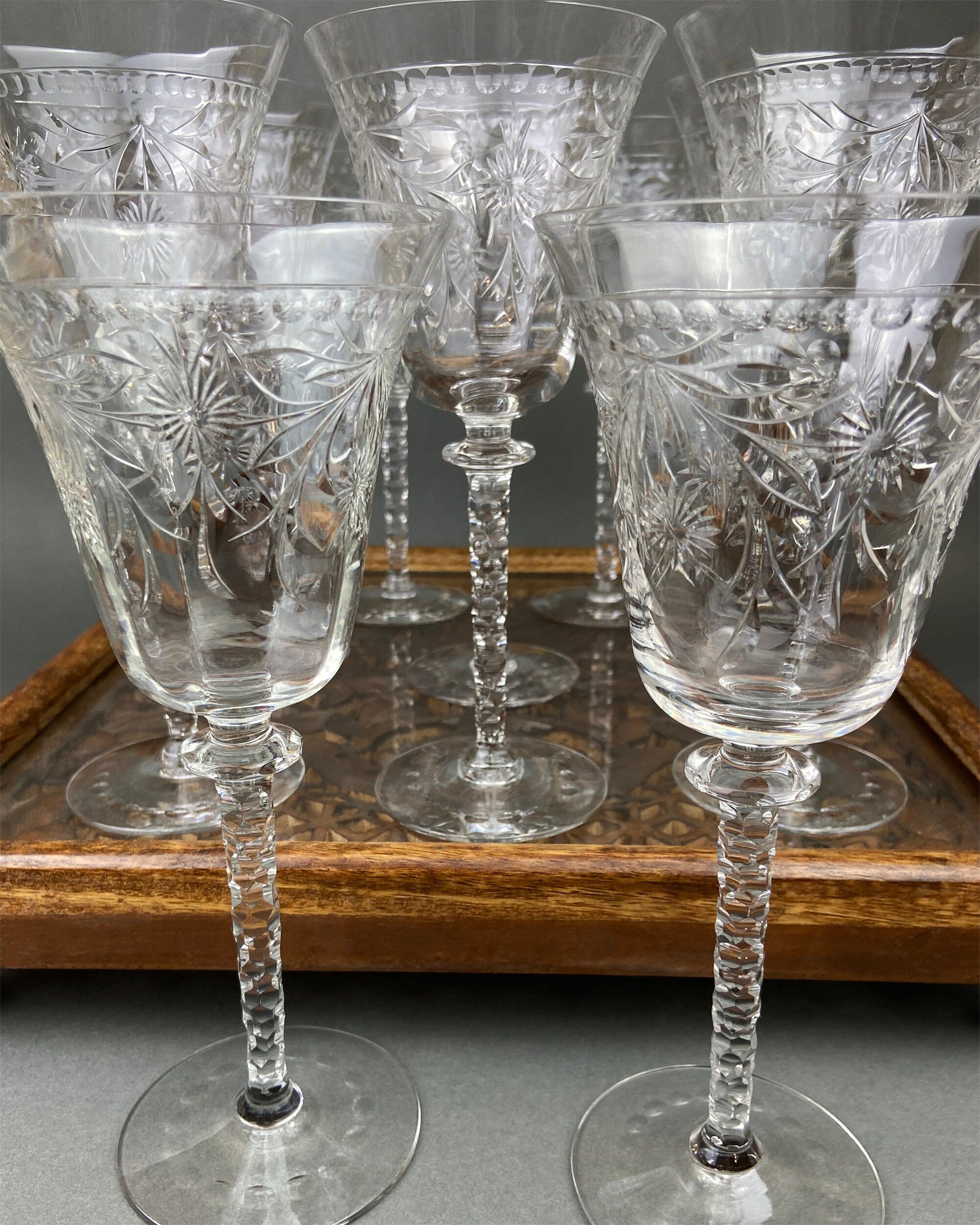 Vintage Cut Crystal Wine Goblets, Daisy Garland Motif, Set of Ten