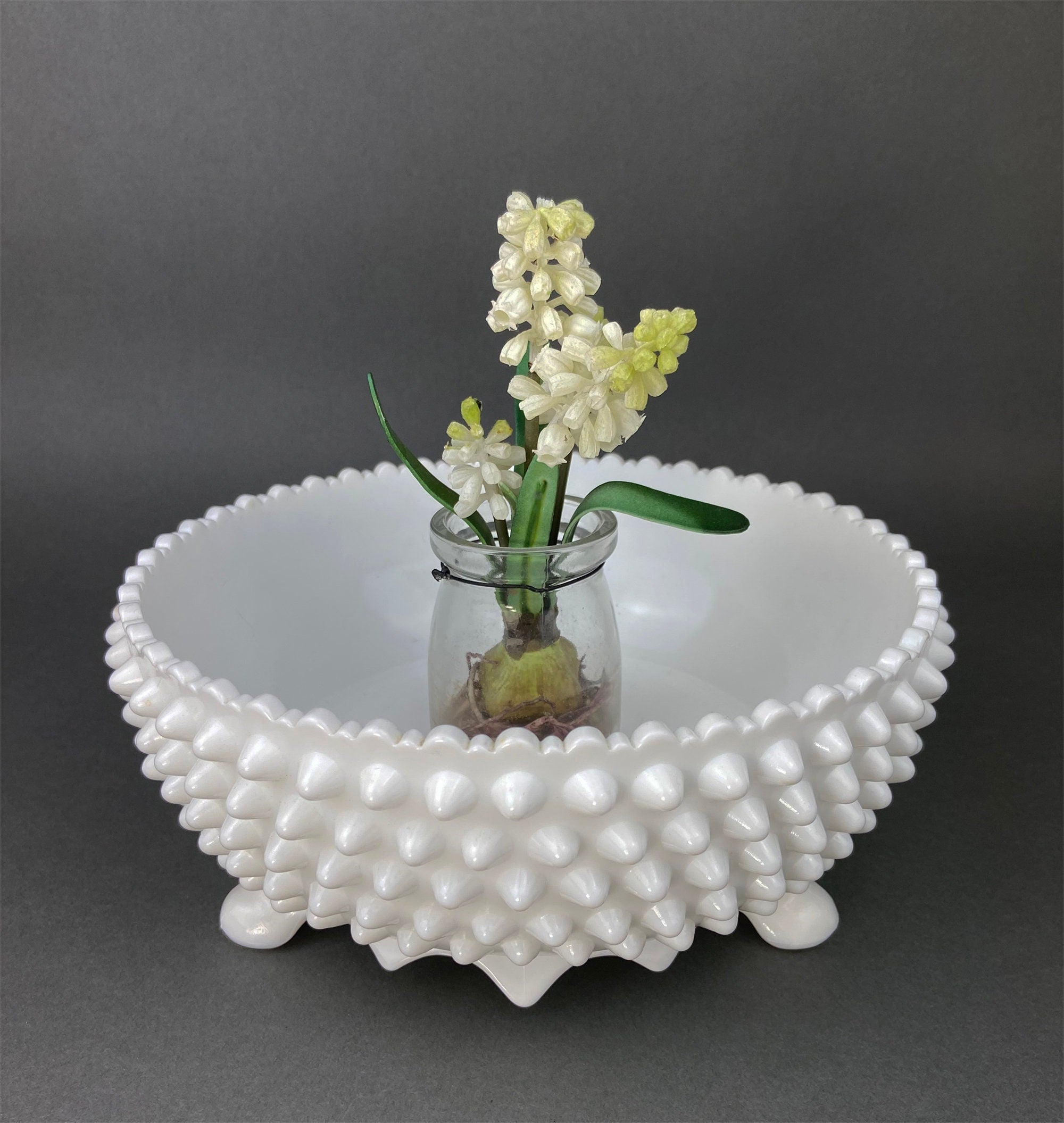 Vintage Milk Glass Footed Candy Bowl, Grape Motif, Ruffled Rim