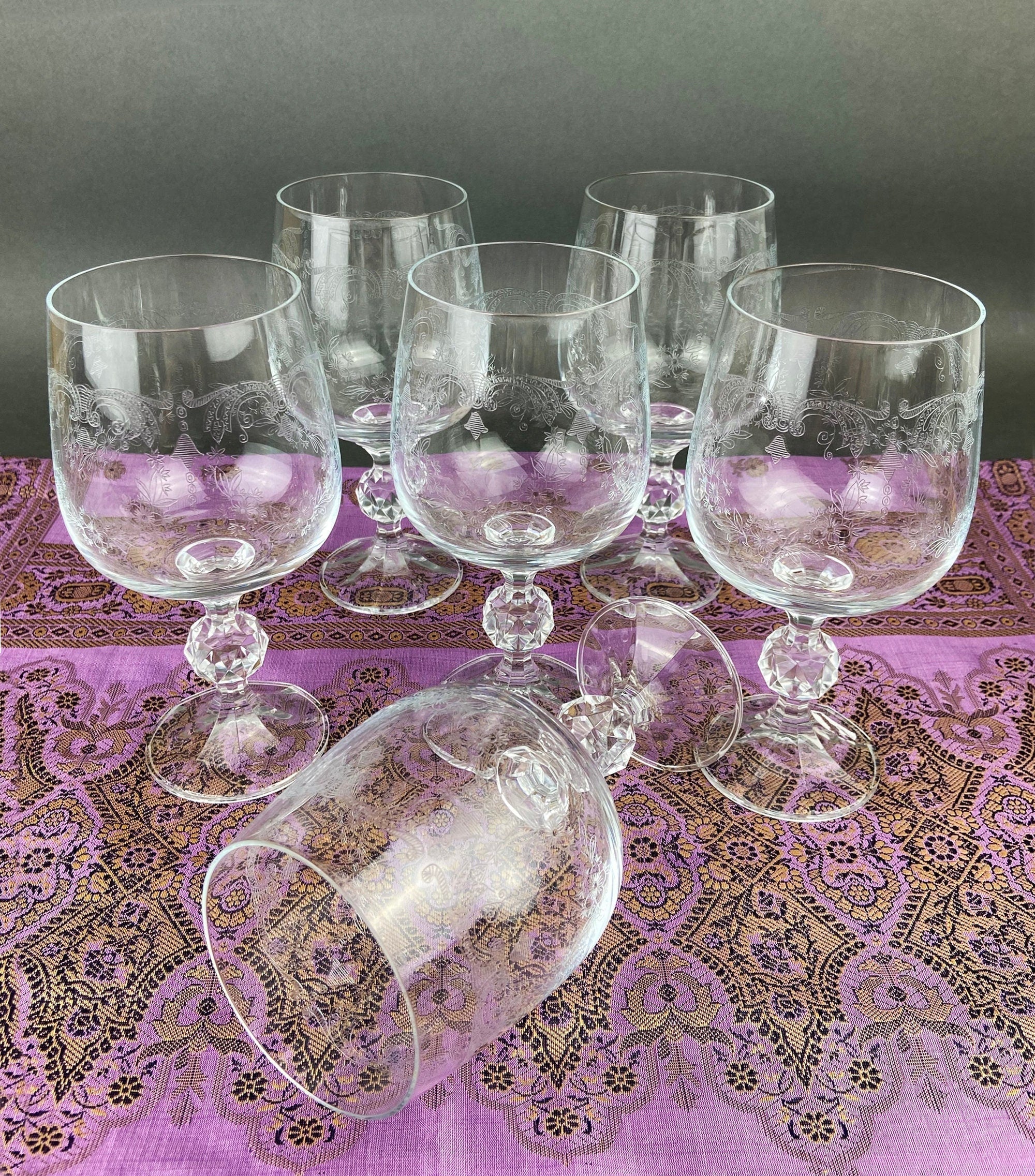 Vintage Bohemian Crystal Goblets, Queen's Lace Etched Stemware, Set of 6