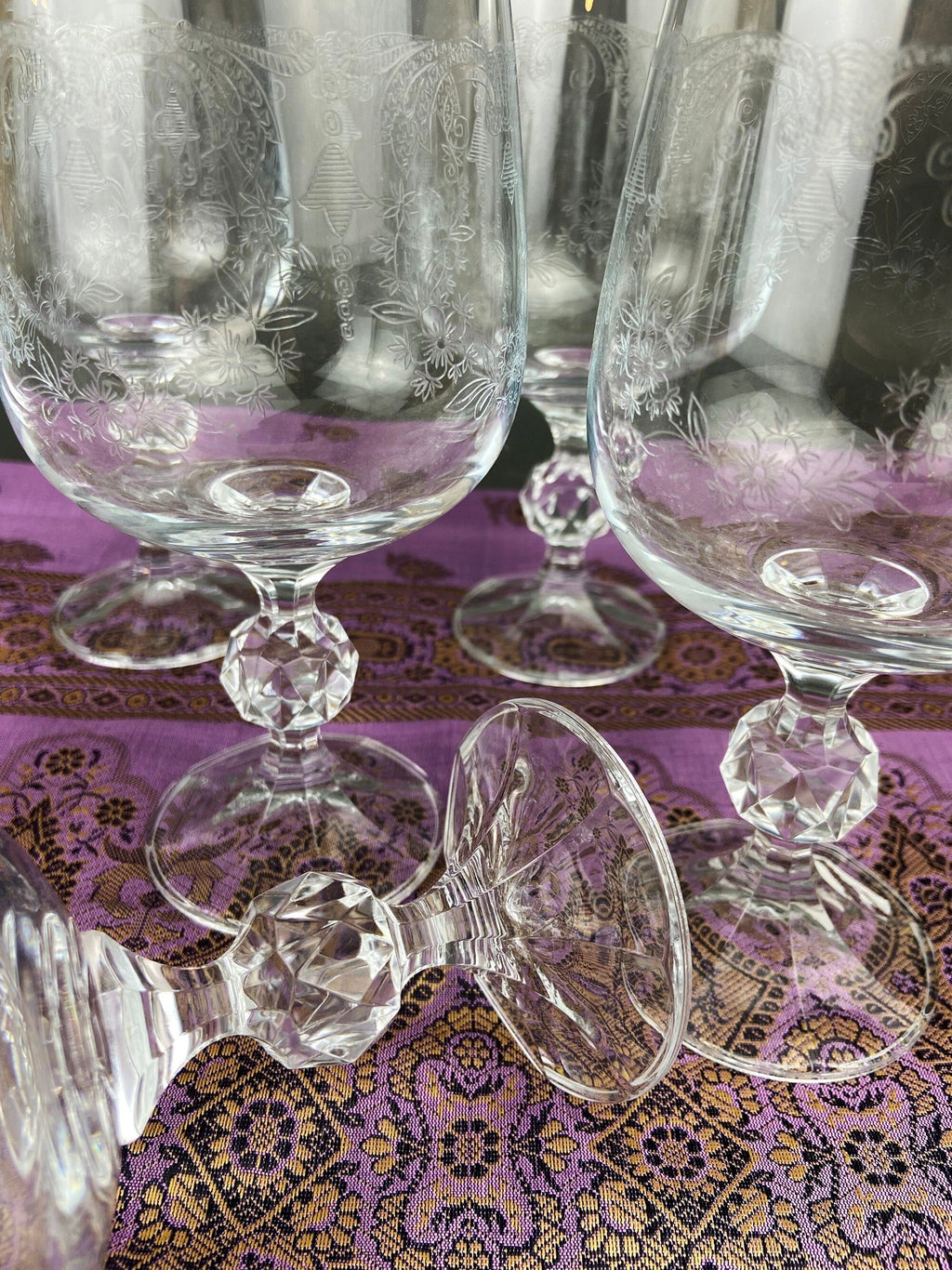 Vintage Bohemian Crystal Goblets, Queen's Lace Etched Stemware, Set of 6