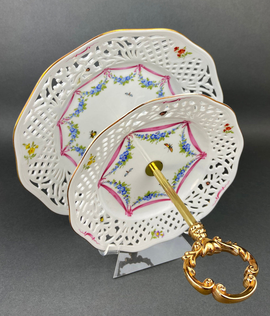 Antique Hand-Painted Porcelain Centerpiece Bowl – Gold Framework & Flowers