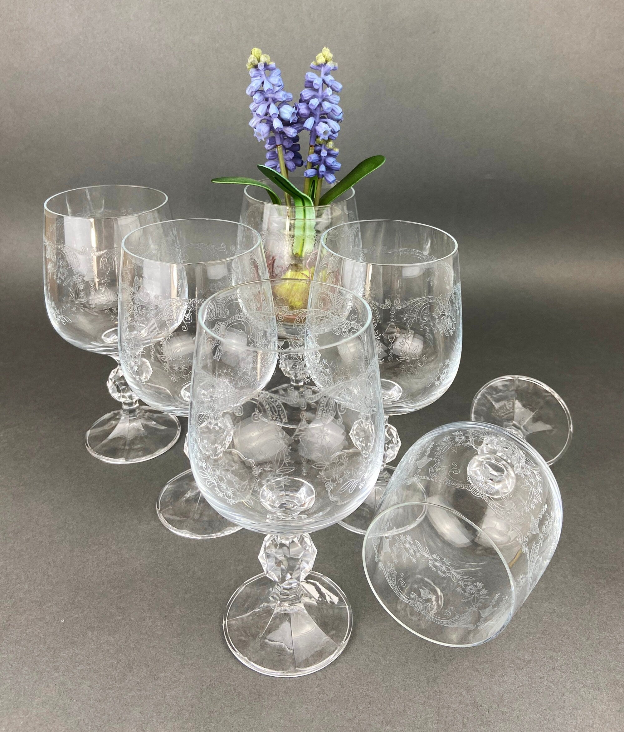 Vintage Bohemian Crystal Goblets, Queen's Lace Etched Stemware, Set of 6