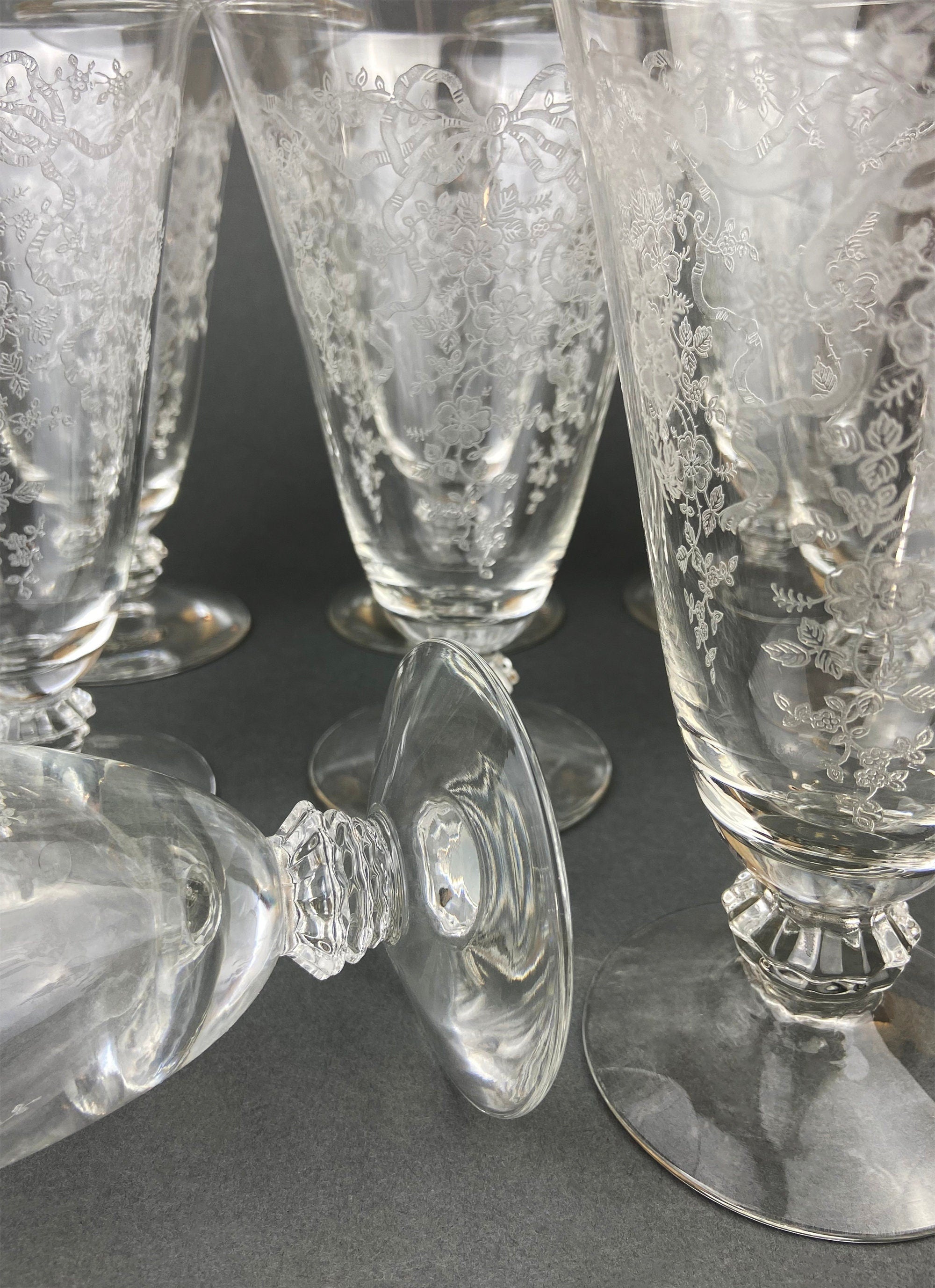 Fostoria Water or Ice Tea Crystal Goblets. Etched Romance by Fostoria Glasses. Set of 5 Vintage Stemware.