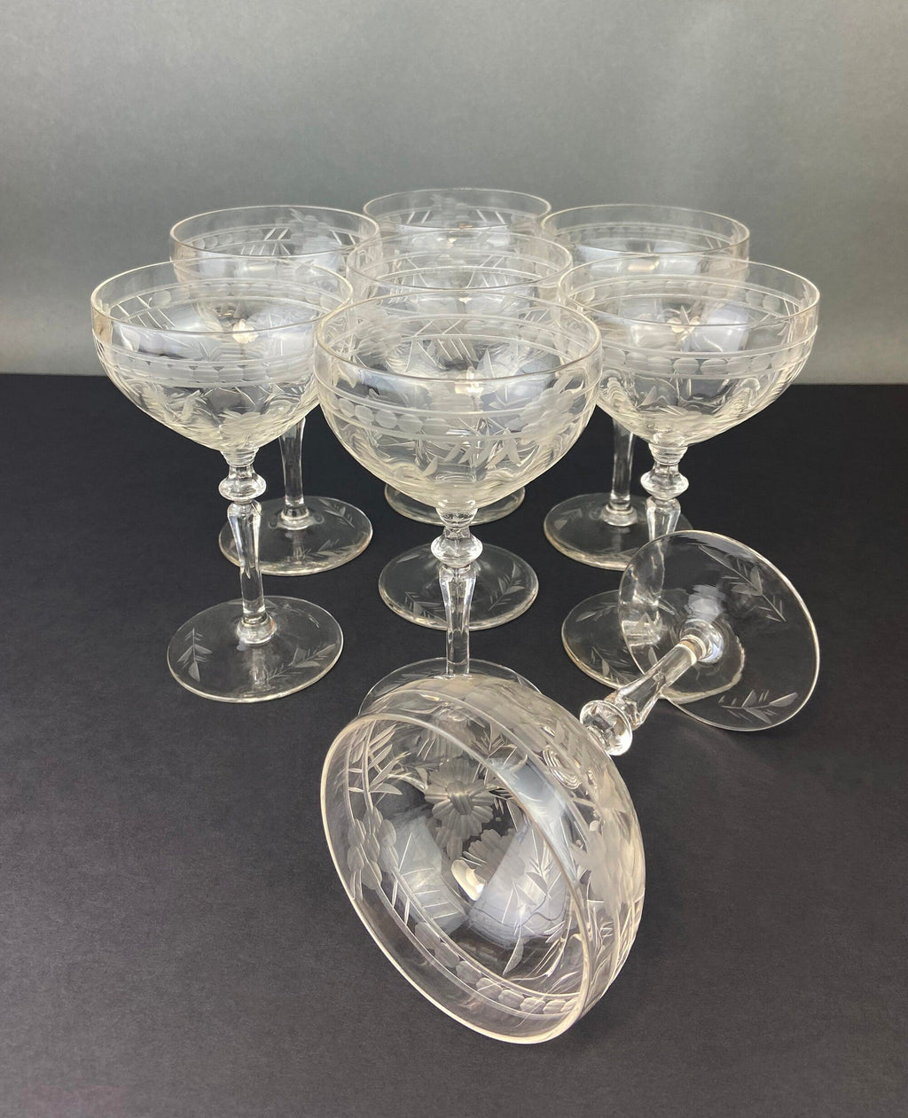Vintage Cut Crystal Champagne Glasses, Fine Stemware, Daisy Motif, Set of 9