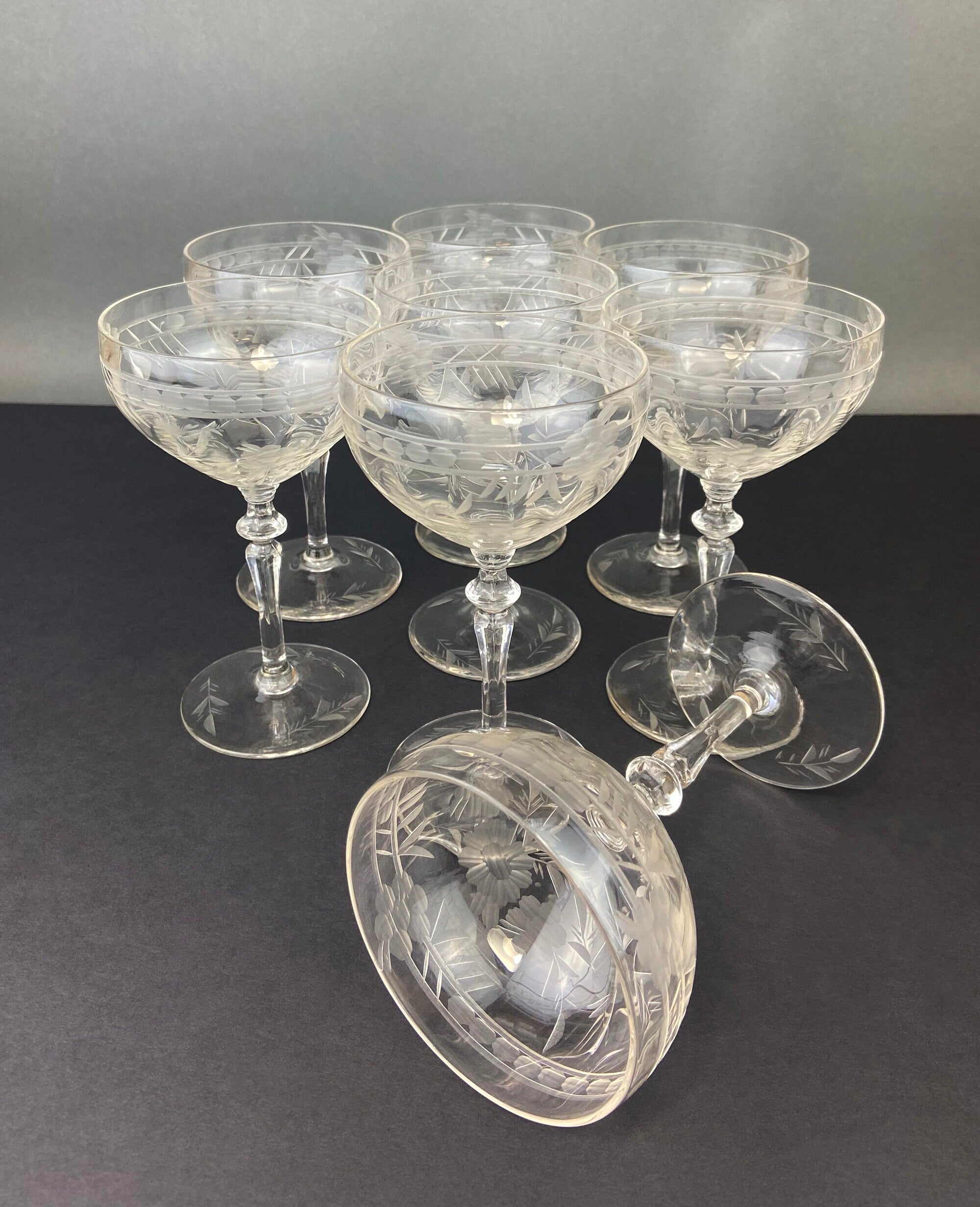 Vintage Cut Crystal Champagne Glasses, Fine Stemware, Daisy Motif, Set of 9