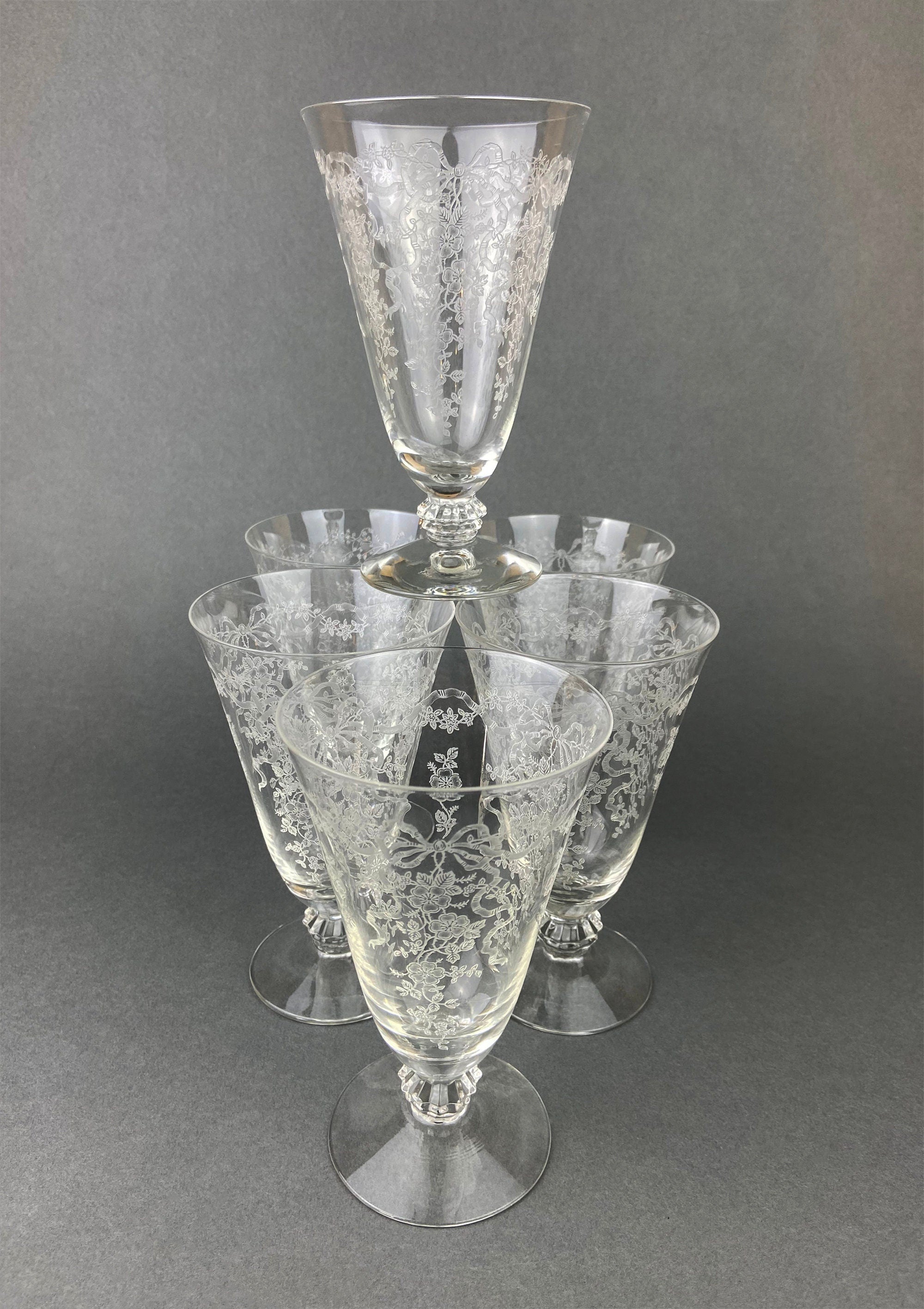 Fostoria Water or Ice Tea Crystal Goblets. Etched Romance by Fostoria Glasses. Set of 5 Vintage Stemware.