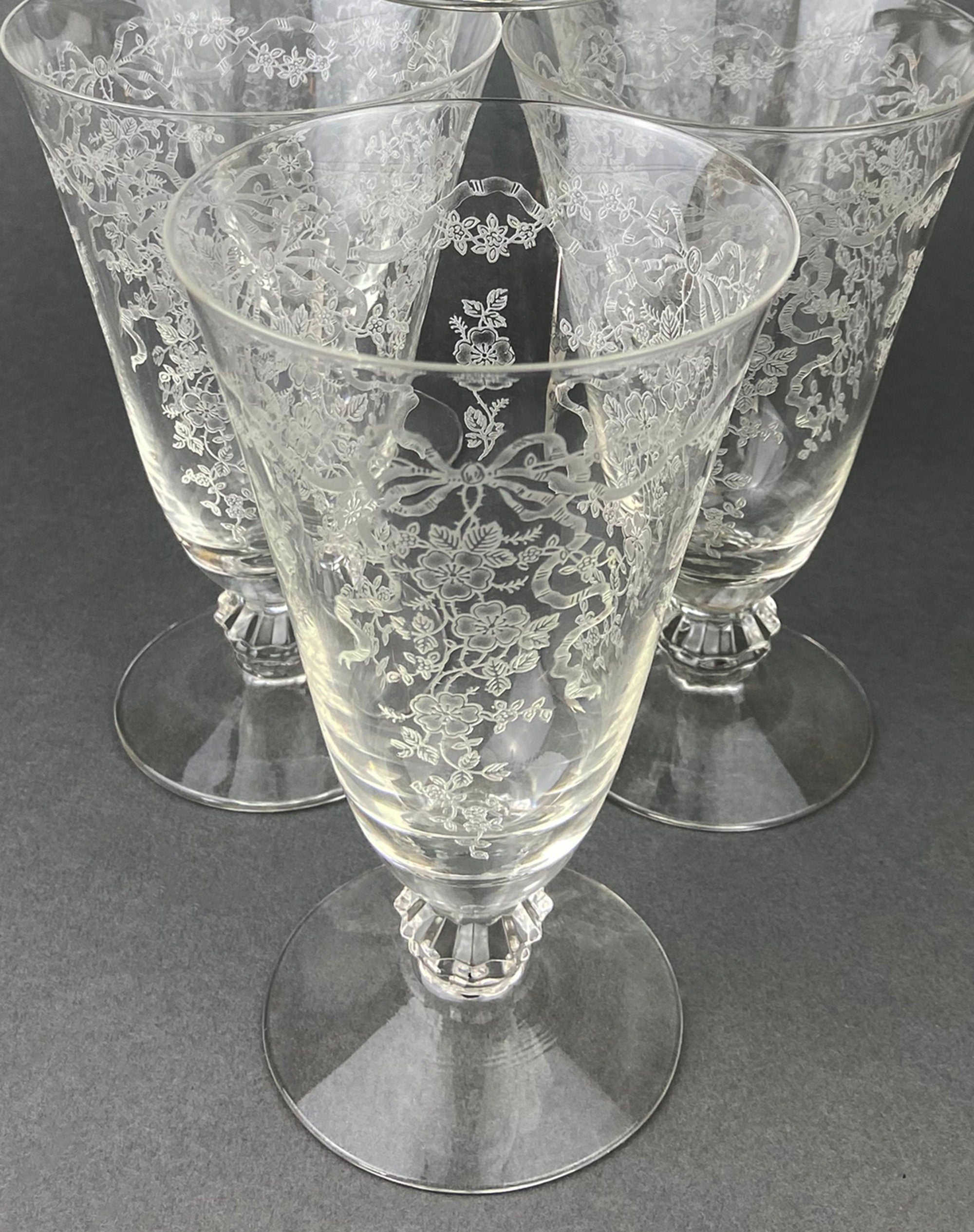 Fostoria Water or Ice Tea Crystal Goblets. Etched Romance by Fostoria Glasses. Set of 5 Vintage Stemware.