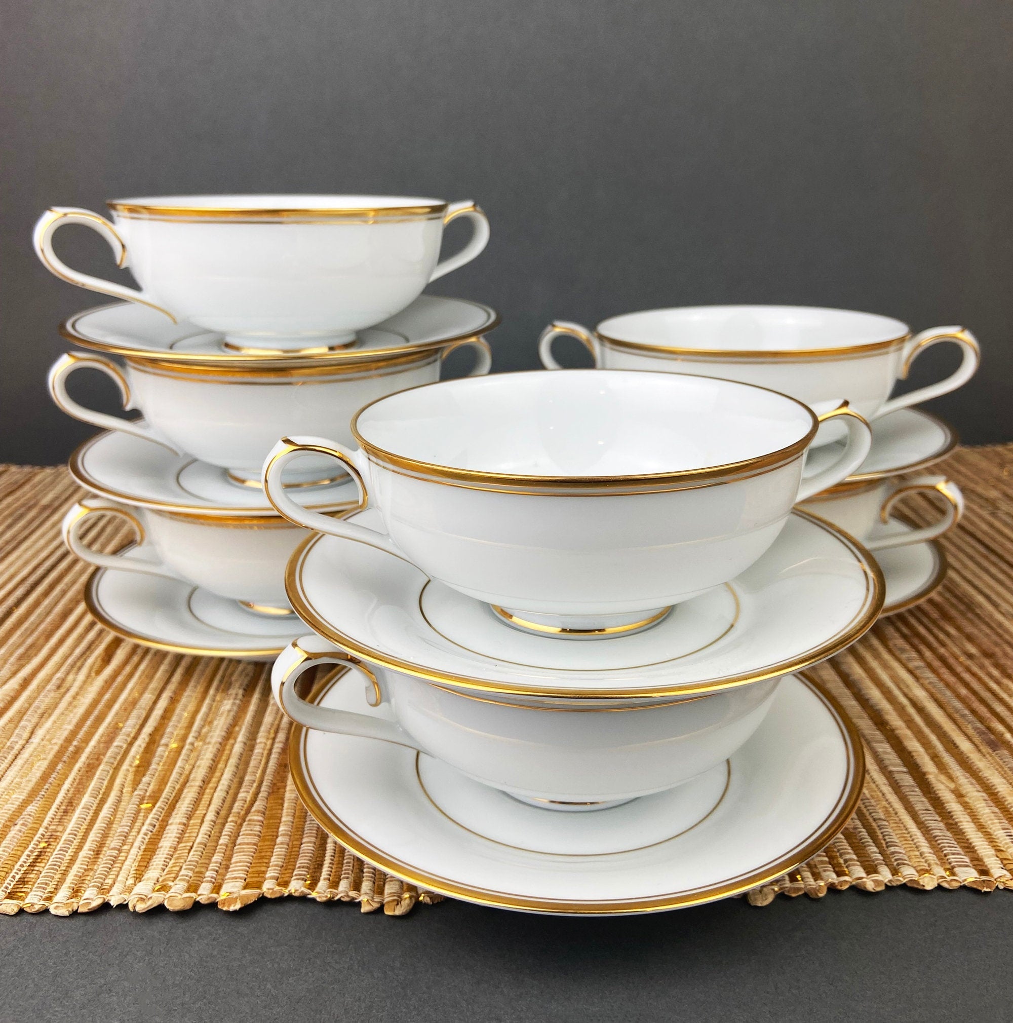 Antique Porcelain Bullion Bowls with Matching Square, 8.5" Dinner Plates. Set of 6. Flower Garlands, Sylvia by F&B Baronet China, Bohemia.