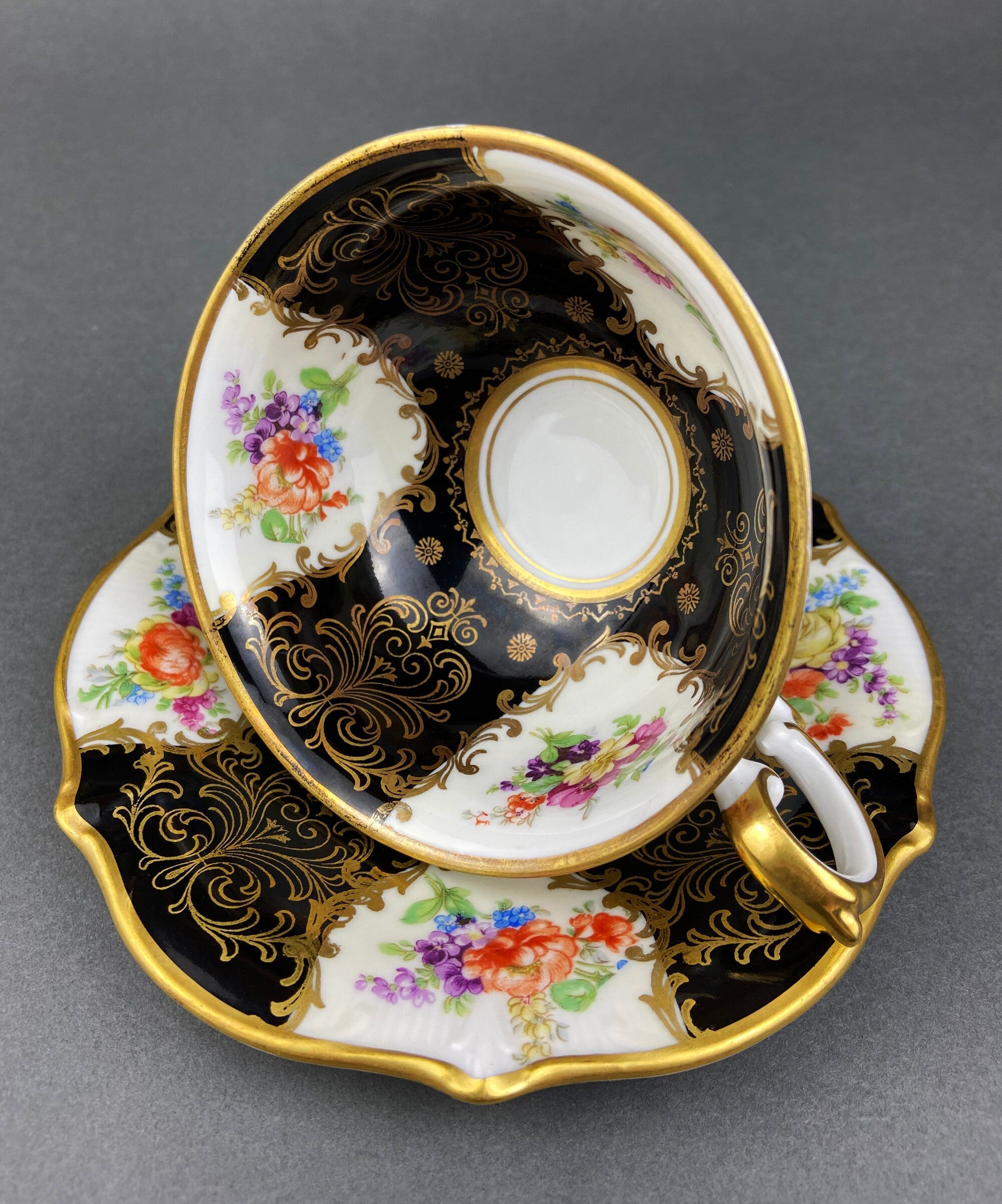 Lefton Black & Gold Tea Cup & Saucer – Hand-Painted Rose Motif