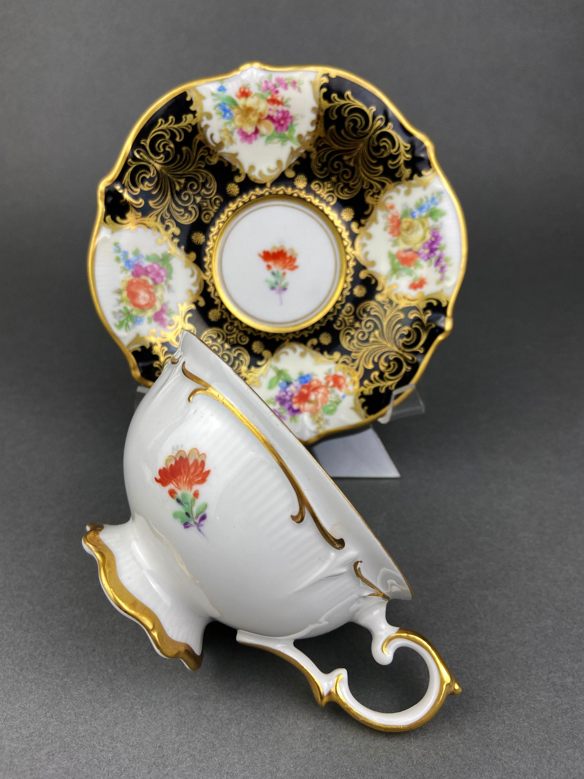 Lefton Black & Gold Tea Cup & Saucer – Hand-Painted Rose Motif