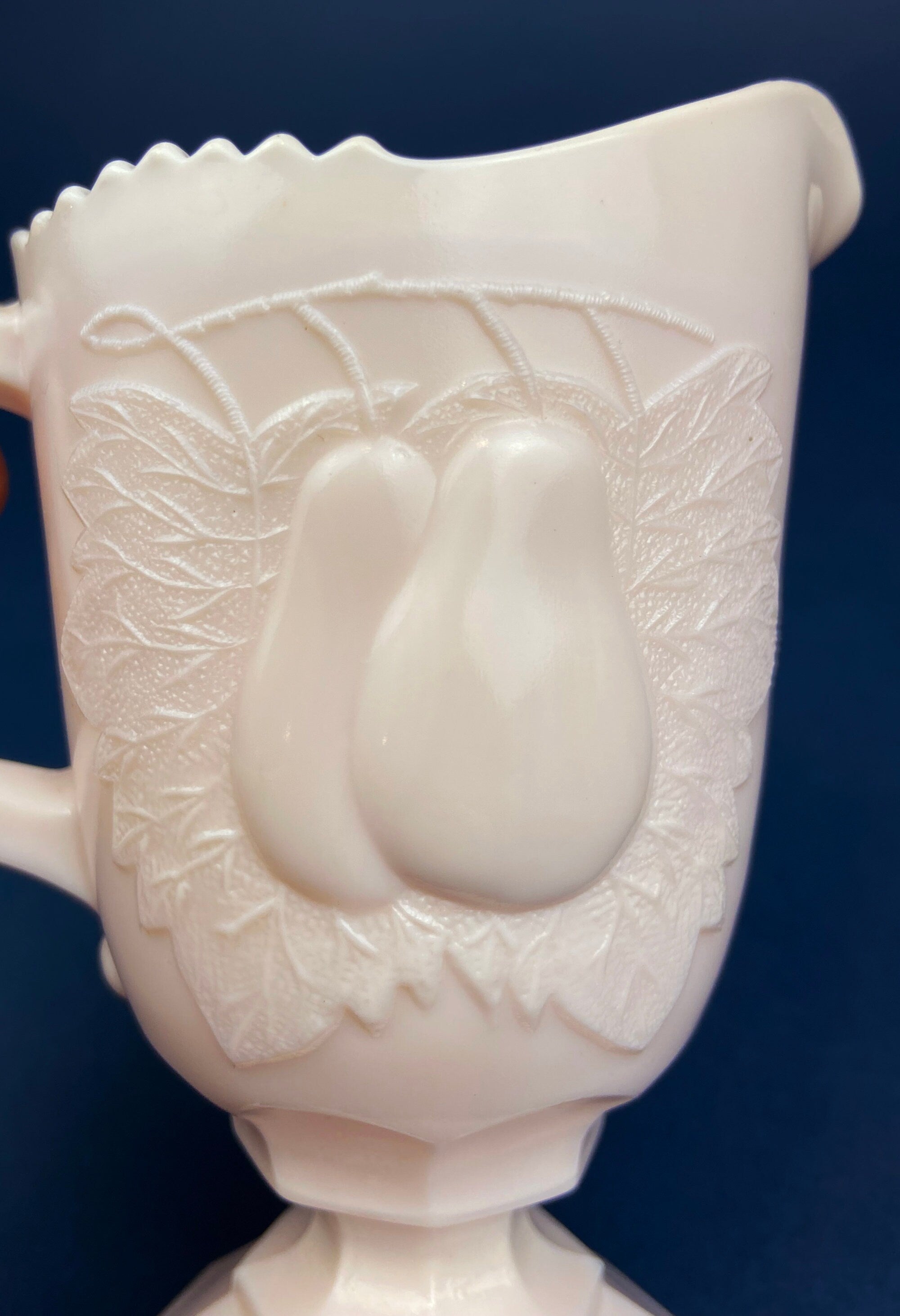 Pink Milk Glass Footed Creamer – Pear Motif