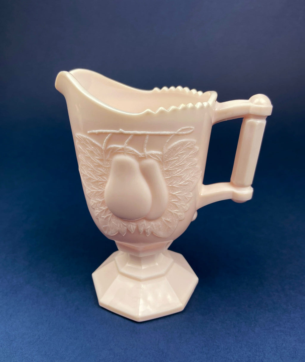 Pink Milk Glass Footed Creamer – Pear Motif