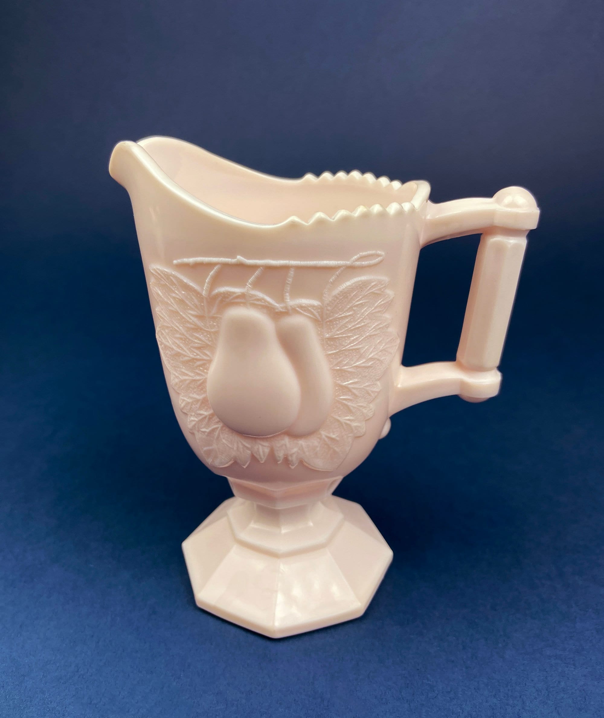 Pink Milk Glass Footed Creamer – Pear Motif