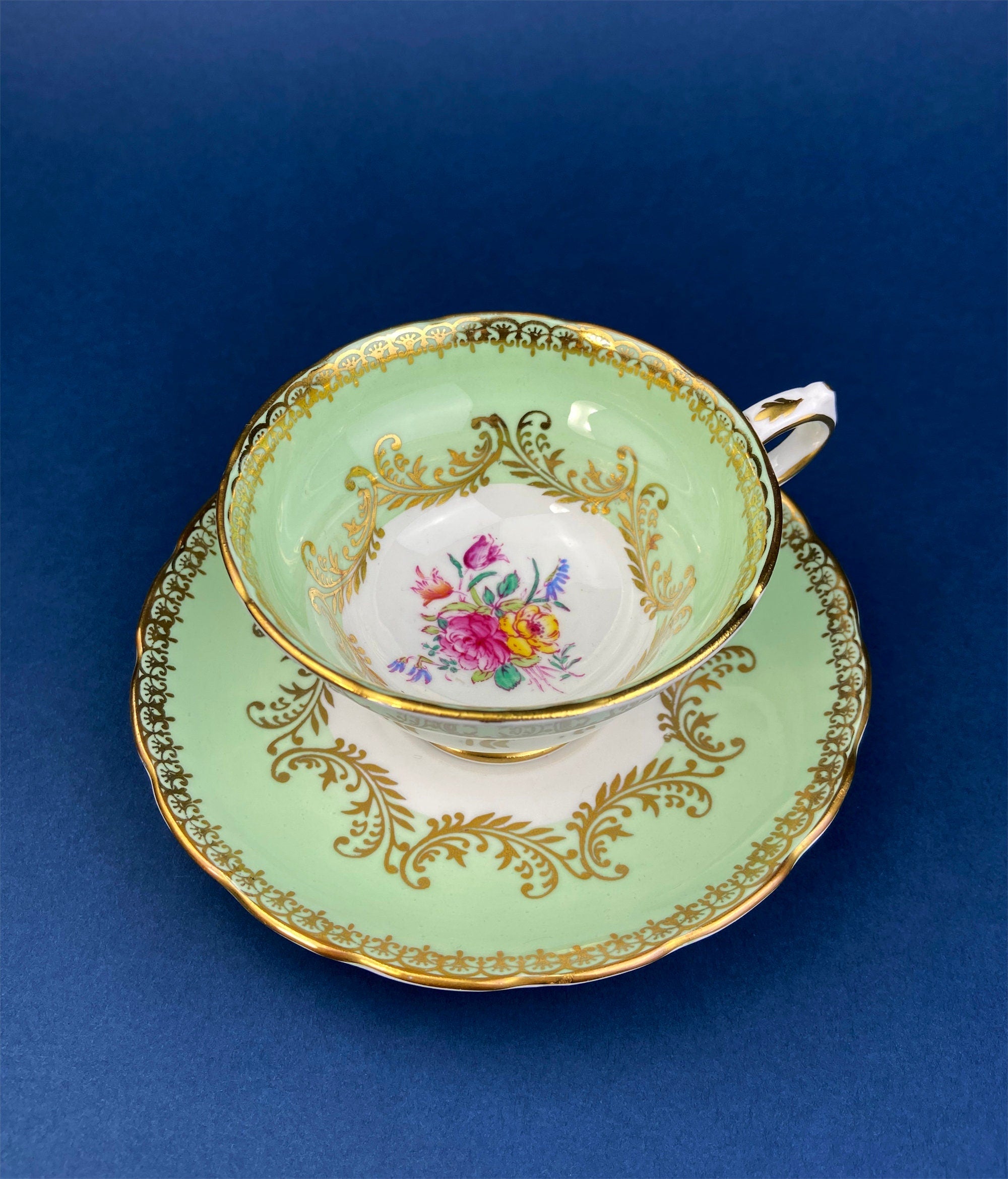 Vintage Grosvenor Fine Bone China Teacup and Saucer - Mint Green Floral